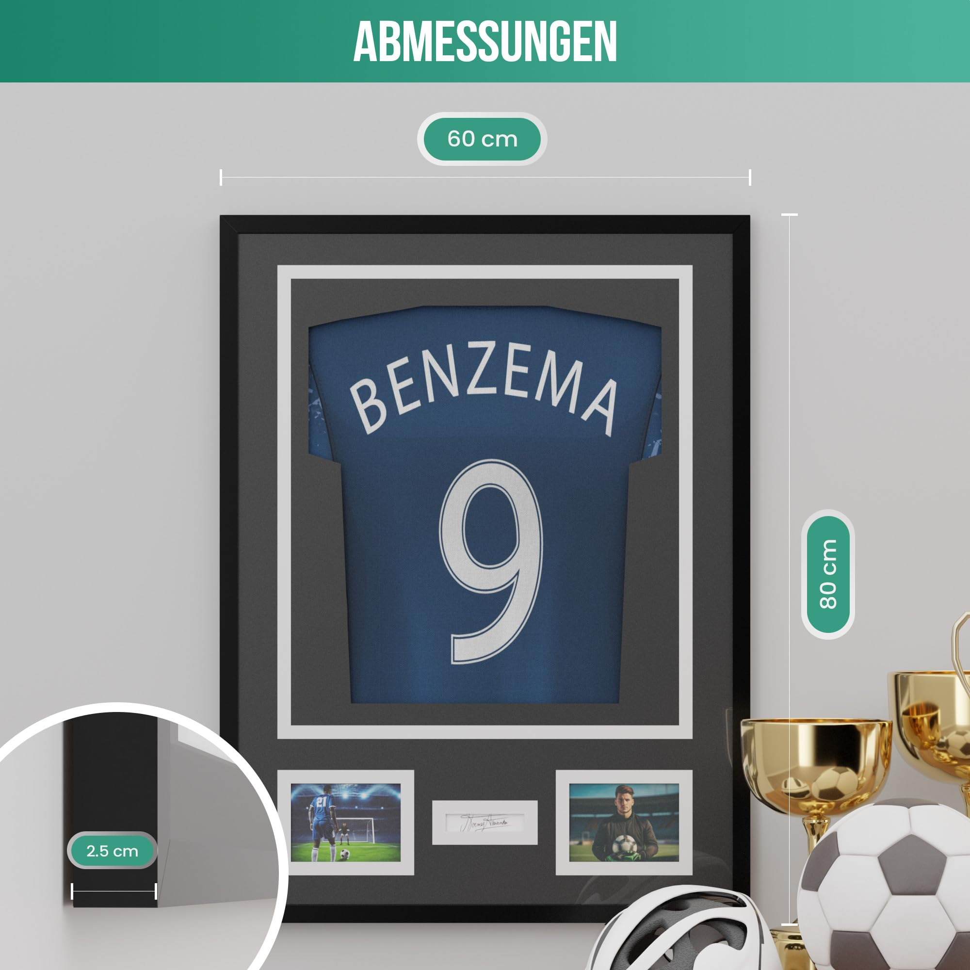 Gerahmtes Benzema-Trikot (60x80cm, 2.5cm tief) mit Fotos und Trophäen.