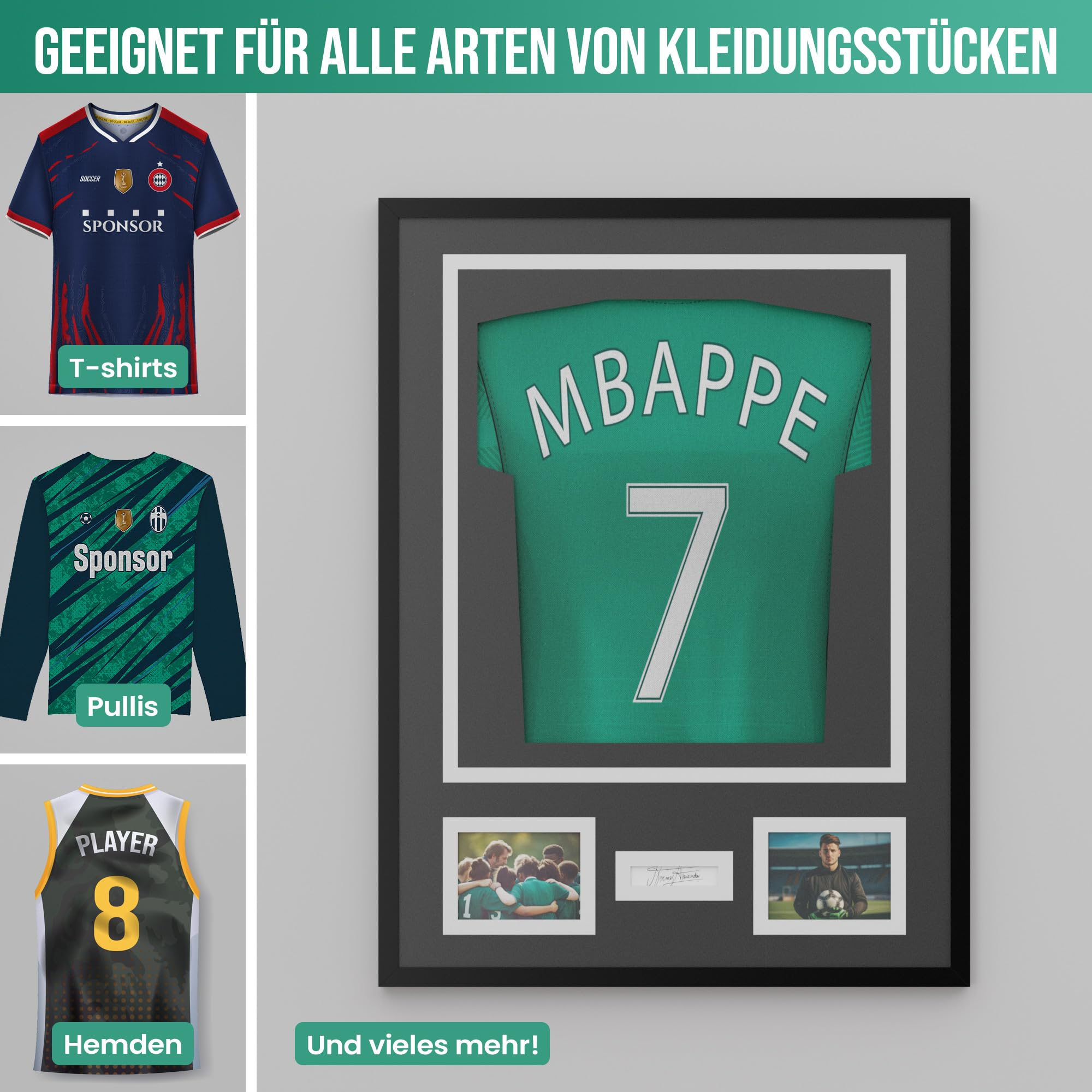 Ein gerahmtes Mbappe-Trikot mit Fotos, mit verschiedenen Sportbekleidungsarten auf der linken Seite.