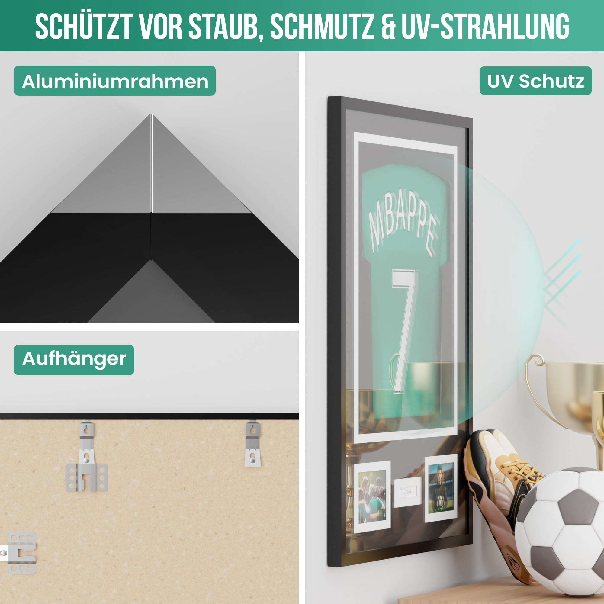 Ein gerahmtes Trikot mit Aluminiumrahmen, UV-Schutz und Aufhängern, geschützt vor Staub.
