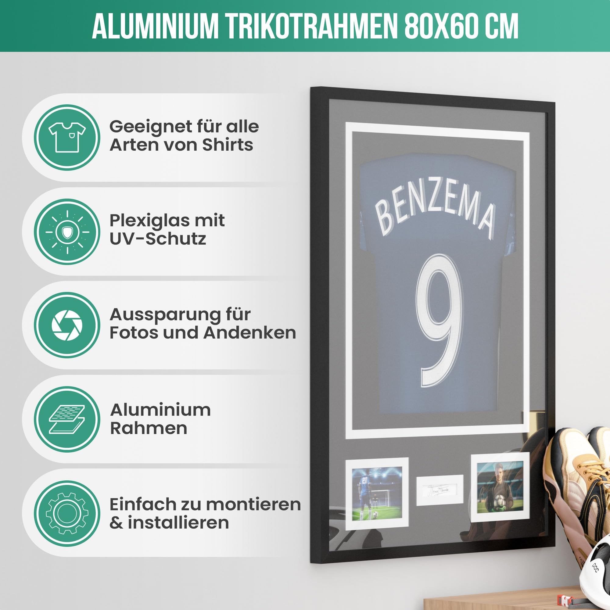 Ein Aluminium-Trikotrahmen mit Benzema-9-Shirt, Fotos und fünf deutschen Funktionsmerkmalen links.