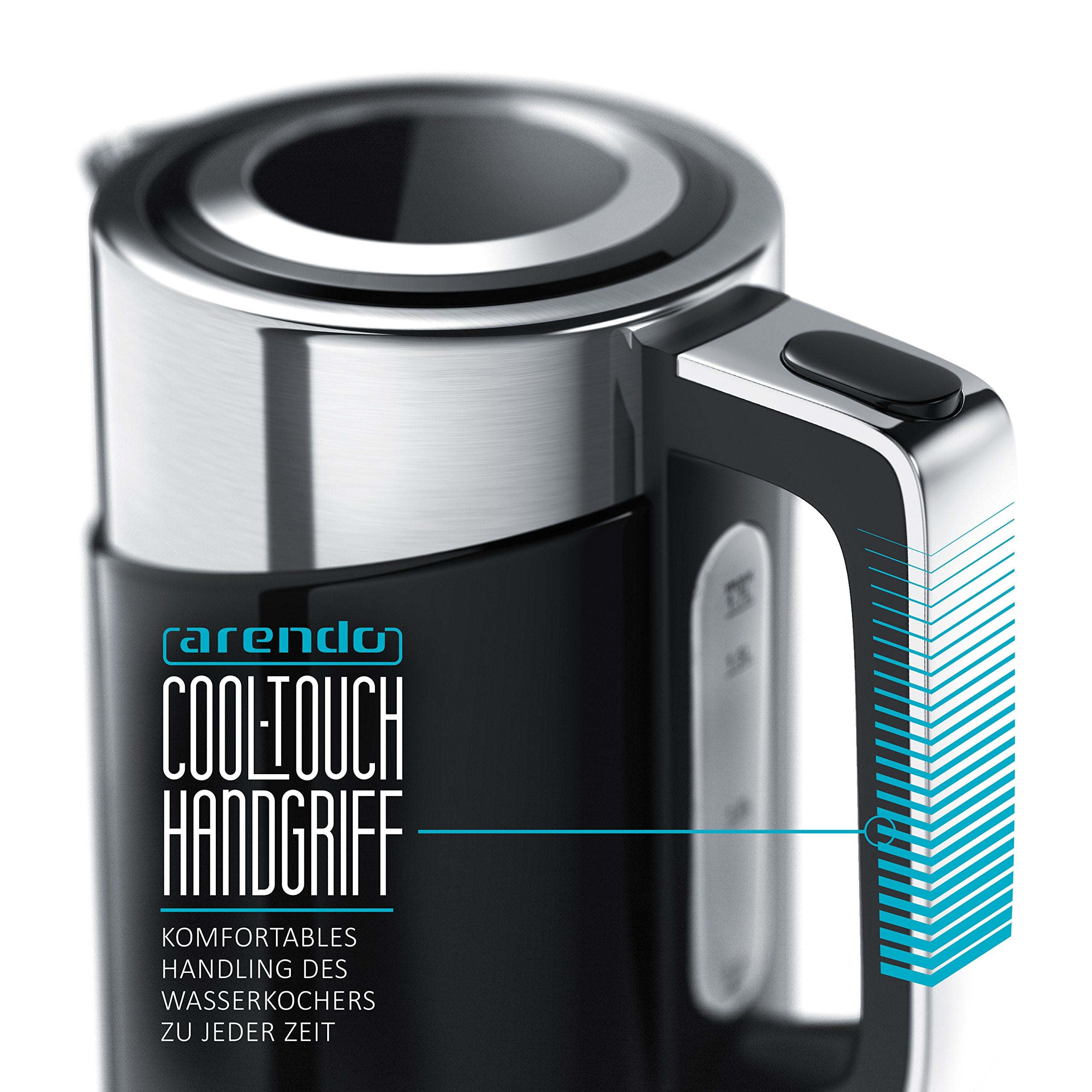 Ein schwarzer und edelstafarbener Arendo Wasserkocher mit Cool-Touch-Griff und deutschem Text an der Seite.