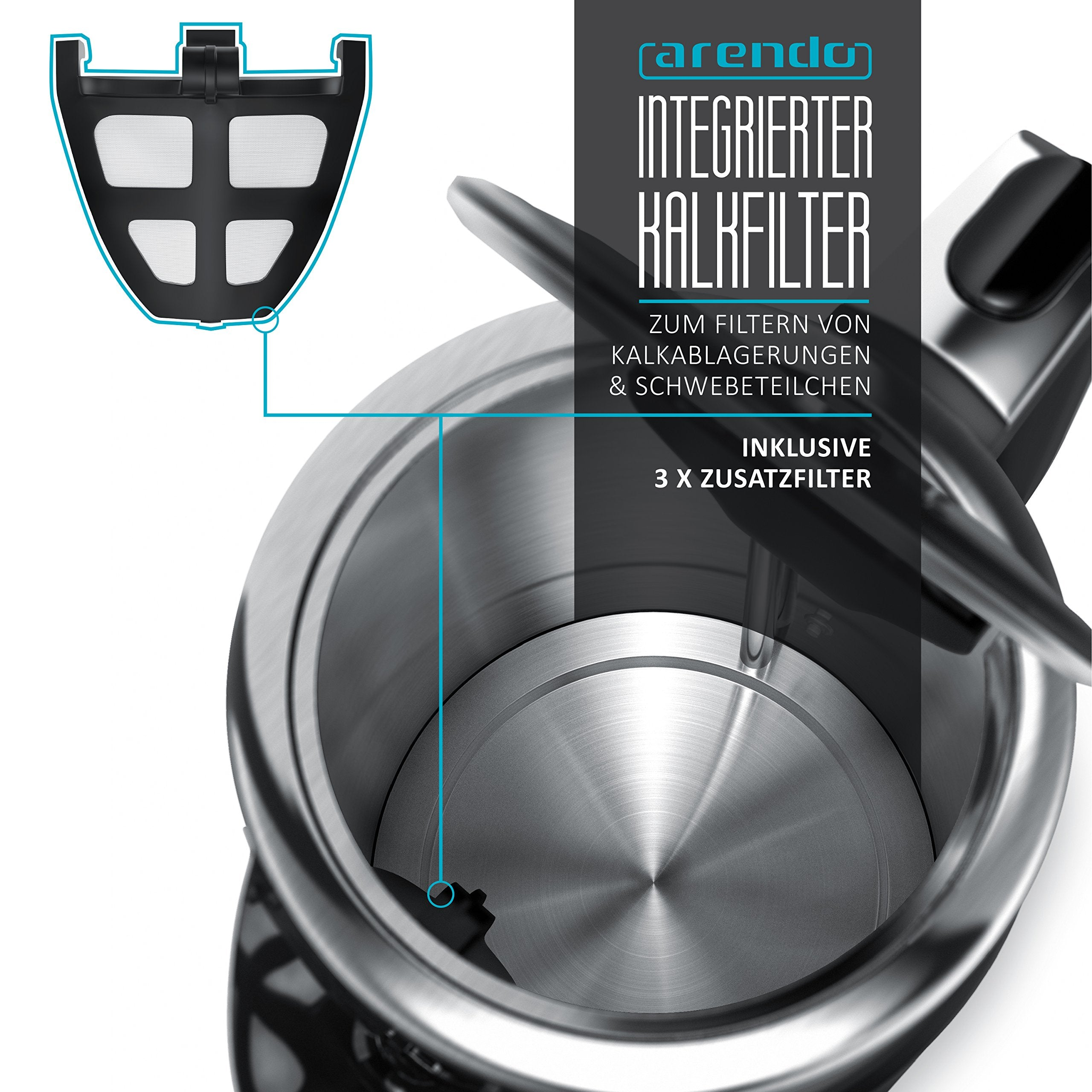 Edelstahl-Wasserkocher mit offenem Deckel und herausnehmbarem Kalkfilter im Detail gezeigt.