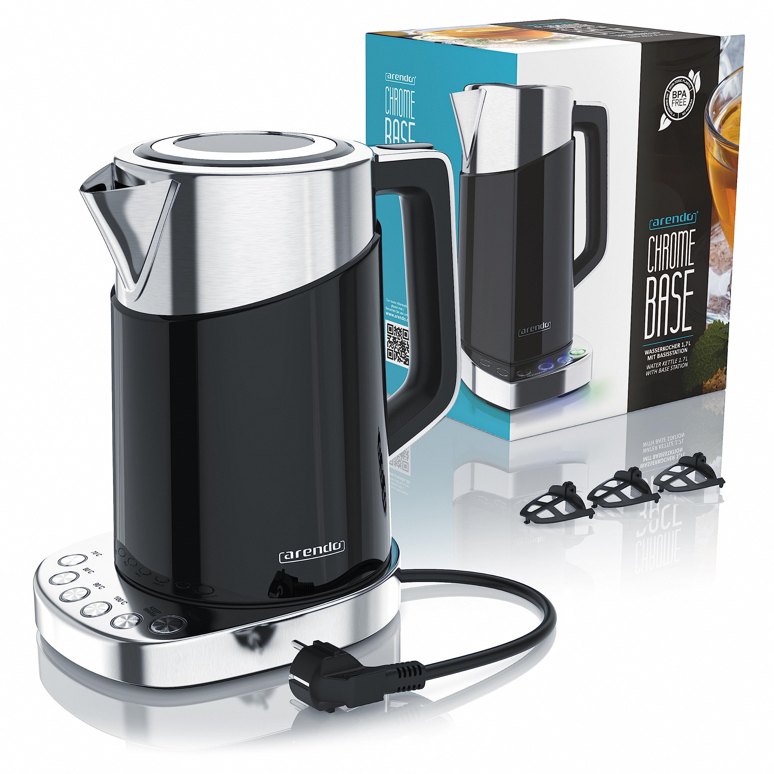 Ein schwarzer und silberner Arendo Wasserkocher mit Basisstation, drei Filtern und Produktverpackung.