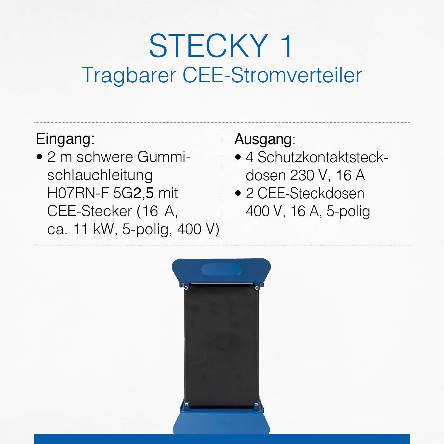 Technische Daten und Bild des tragbaren CEE-Stromverteilers STECKY 1.