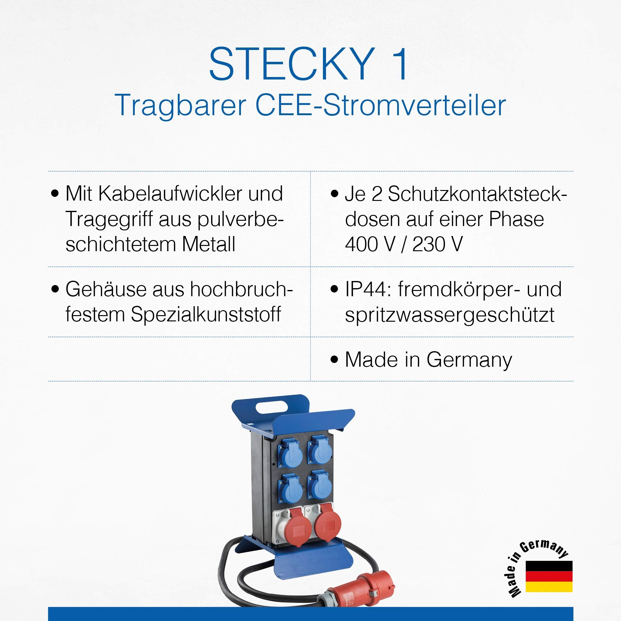 Produktbild des blauen Stecky 1 CEE-Stromverteilers mit technischen Merkmalen und deutscher Flagge.