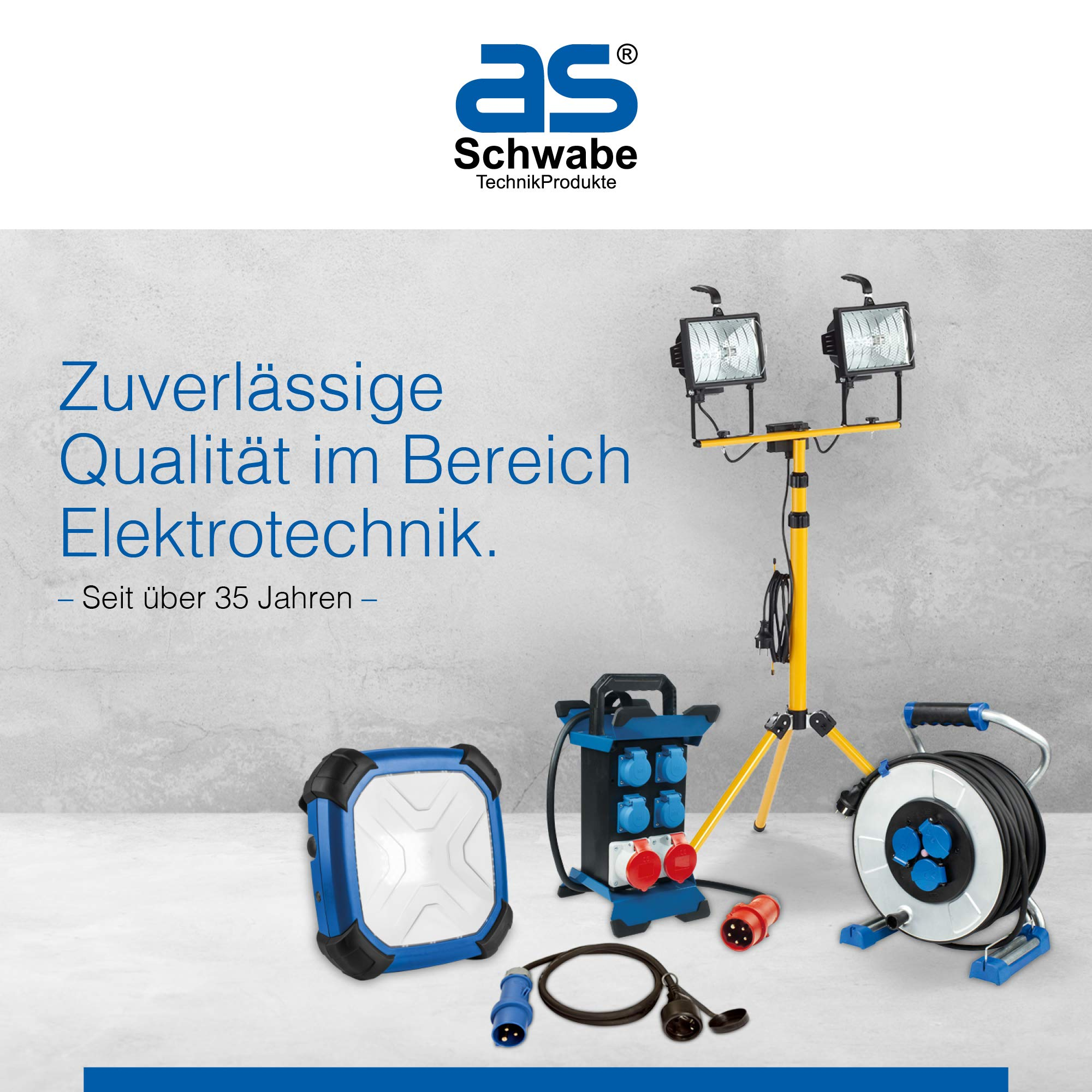 as Schwabe Werbebanner mit Elektrotechnik-Produkten wie Strahler, Verteiler und Kabeltrommel vor grauem Hintergrund.