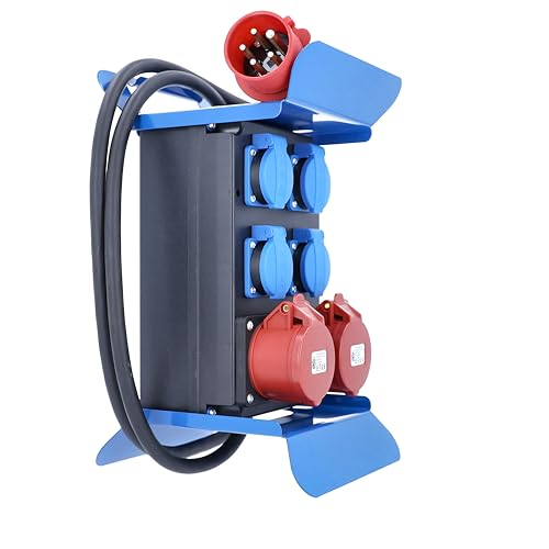 Tragbarer blauer Stromverteiler mit vier blauen und zwei roten Steckdosen sowie gewickeltem Kabel.