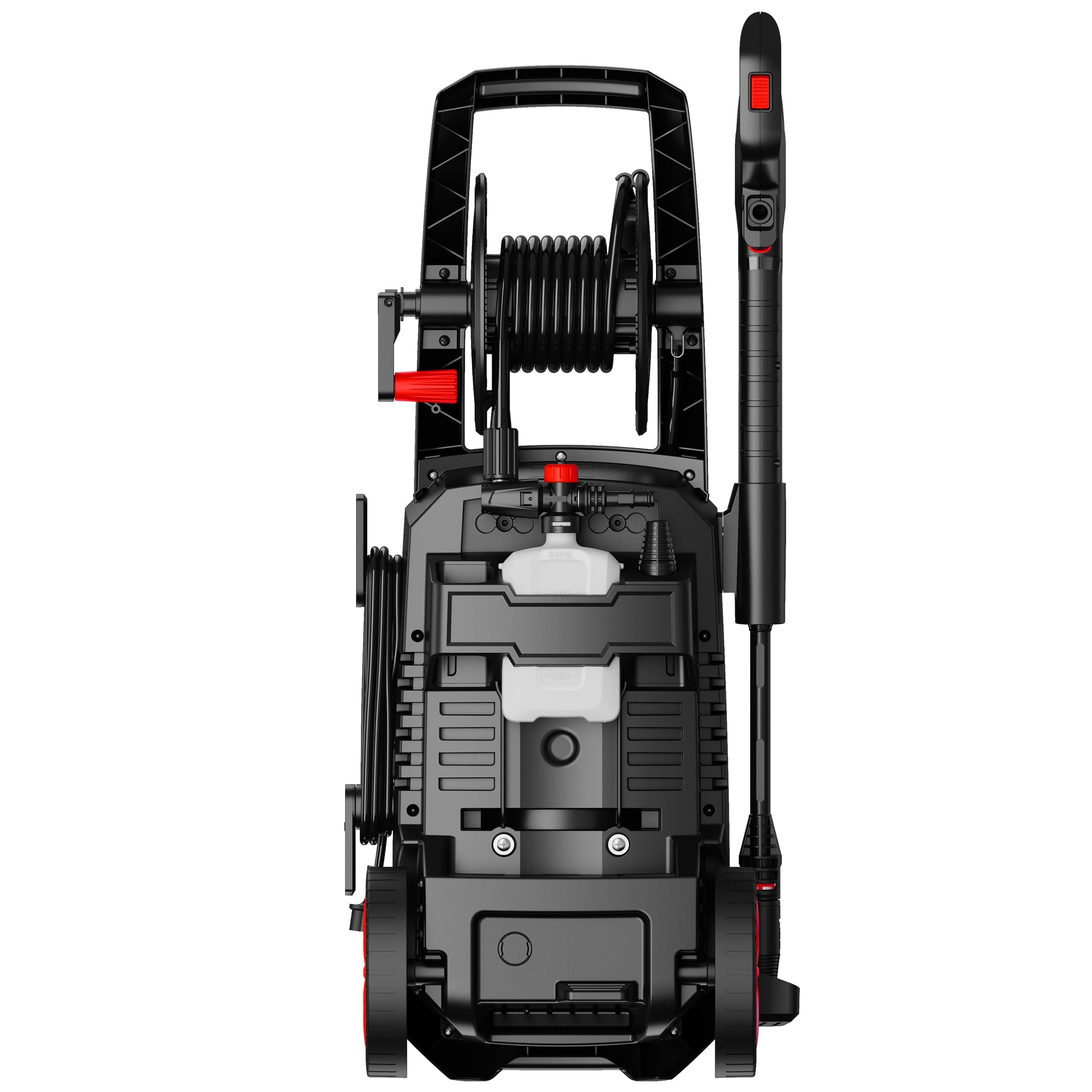 Una idropulitrice elettrica nera con serbatoio per detersivo, avvolgitubo e pistola a spruzzo su sfondo bianco.