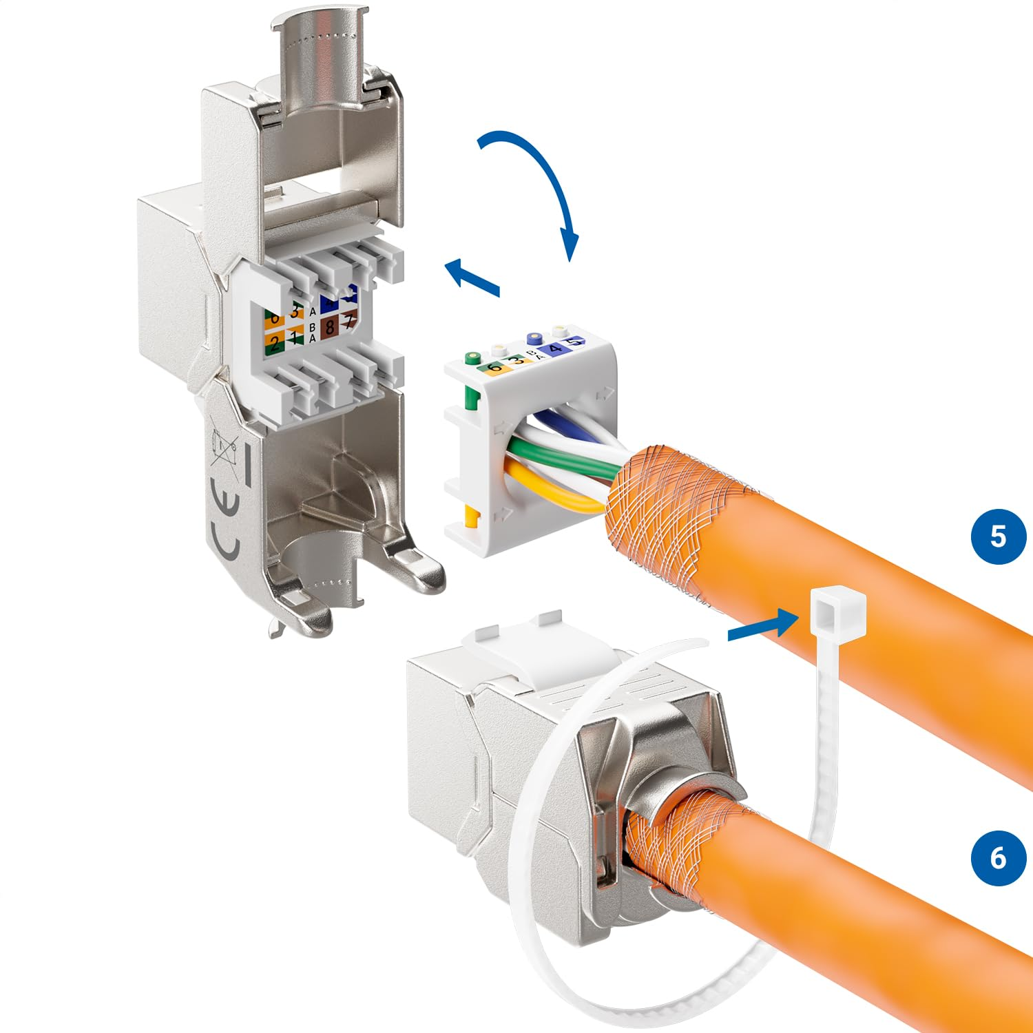 Guida di montaggio passo-passo per l'installazione di un connettore di rete RJ45 su un cavo arancione.