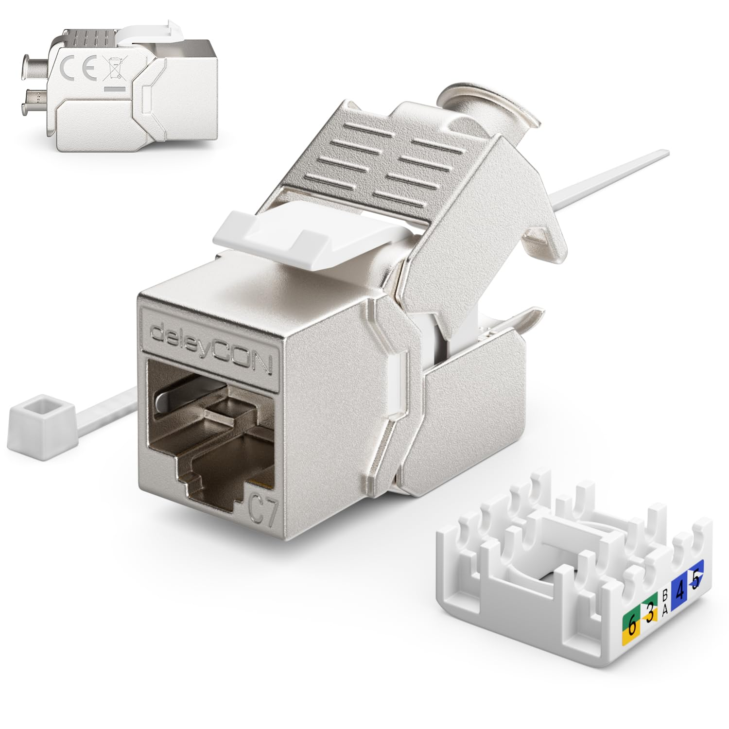 Jack Keystone Cat 7 in metallo argentato con organizzatore di cavi bianco e fascetta.