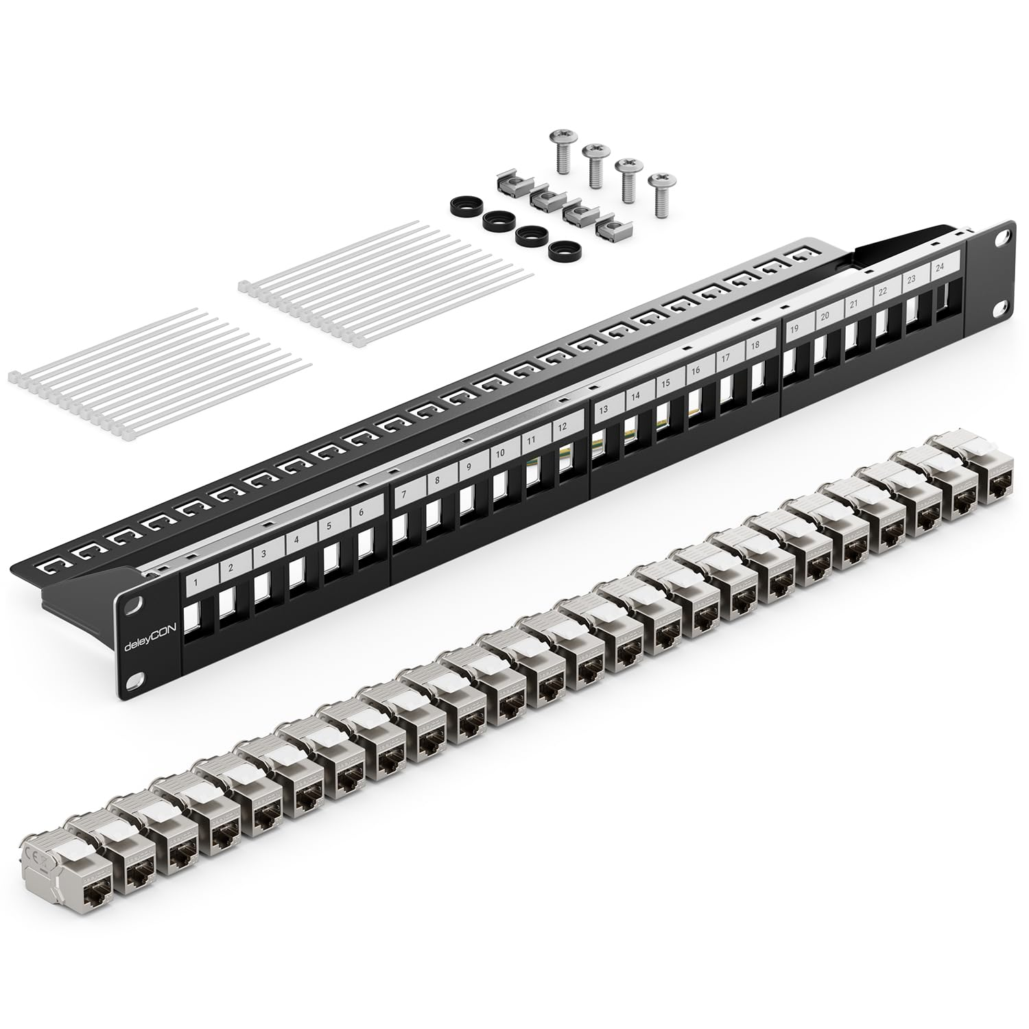 Patch panel nero a 24 porte con moduli keystone separati, fascette e viti su sfondo bianco.