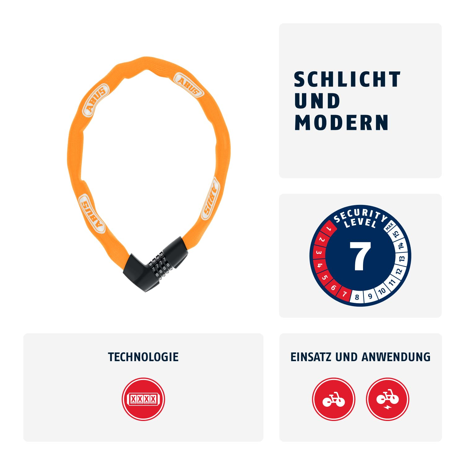 Un antivol de vélo à combinaison Abus orange sur fond blanc, entouré d'icônes d'information et de texte.
