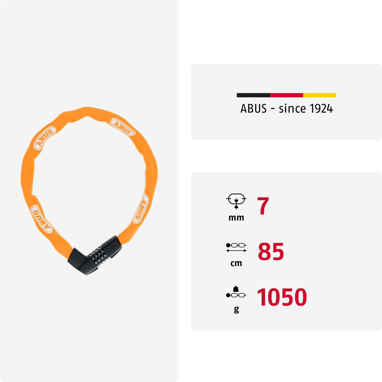 Antivol de chaîne ABUS orange à combinaison, 7 mm d'épaisseur, 85 cm de long, 1050 g.