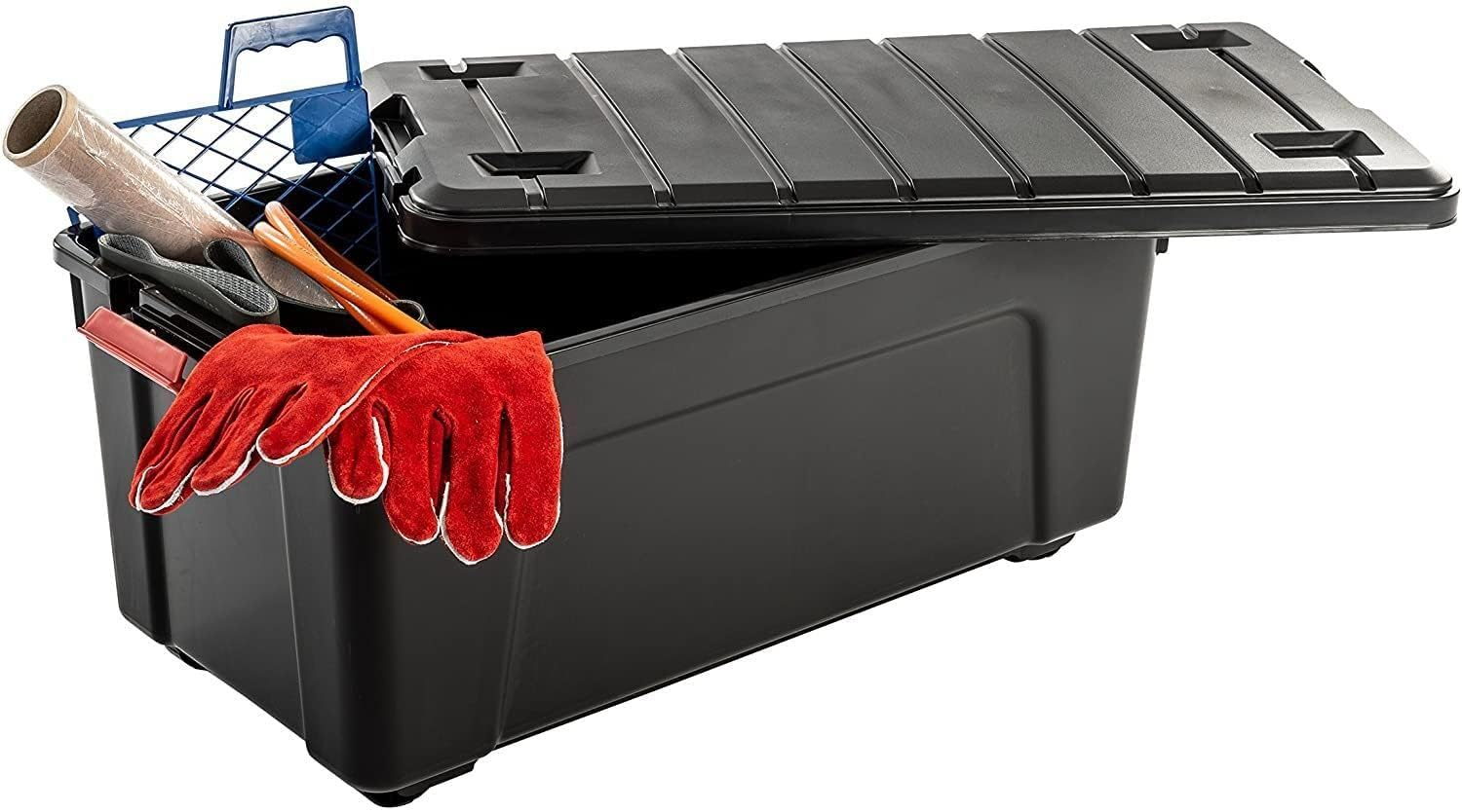 Una scatola di plastica nera con coperchio contiene guanti rossi, una griglia blu e strumenti.