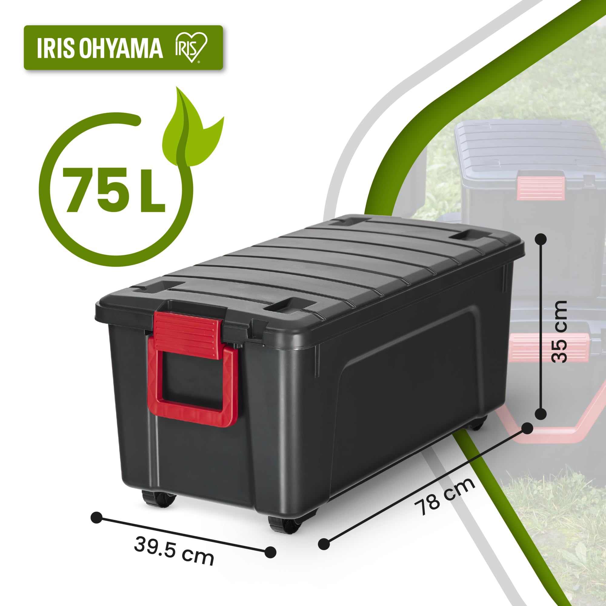 Scatola portaoggetti nera da 75 litri con ruote, chiusure rosse e misure in cm.