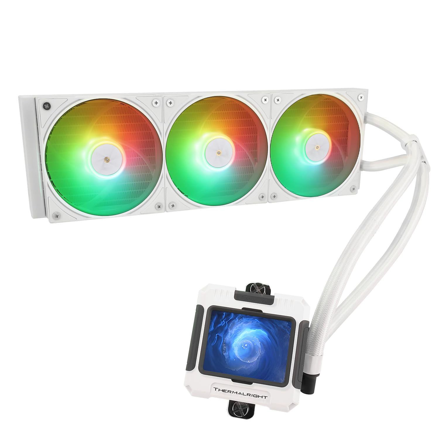 Un watercooling CPU blanc avec trois ventilateurs RGB, des tuyaux et un bloc d'affichage sur fond blanc.