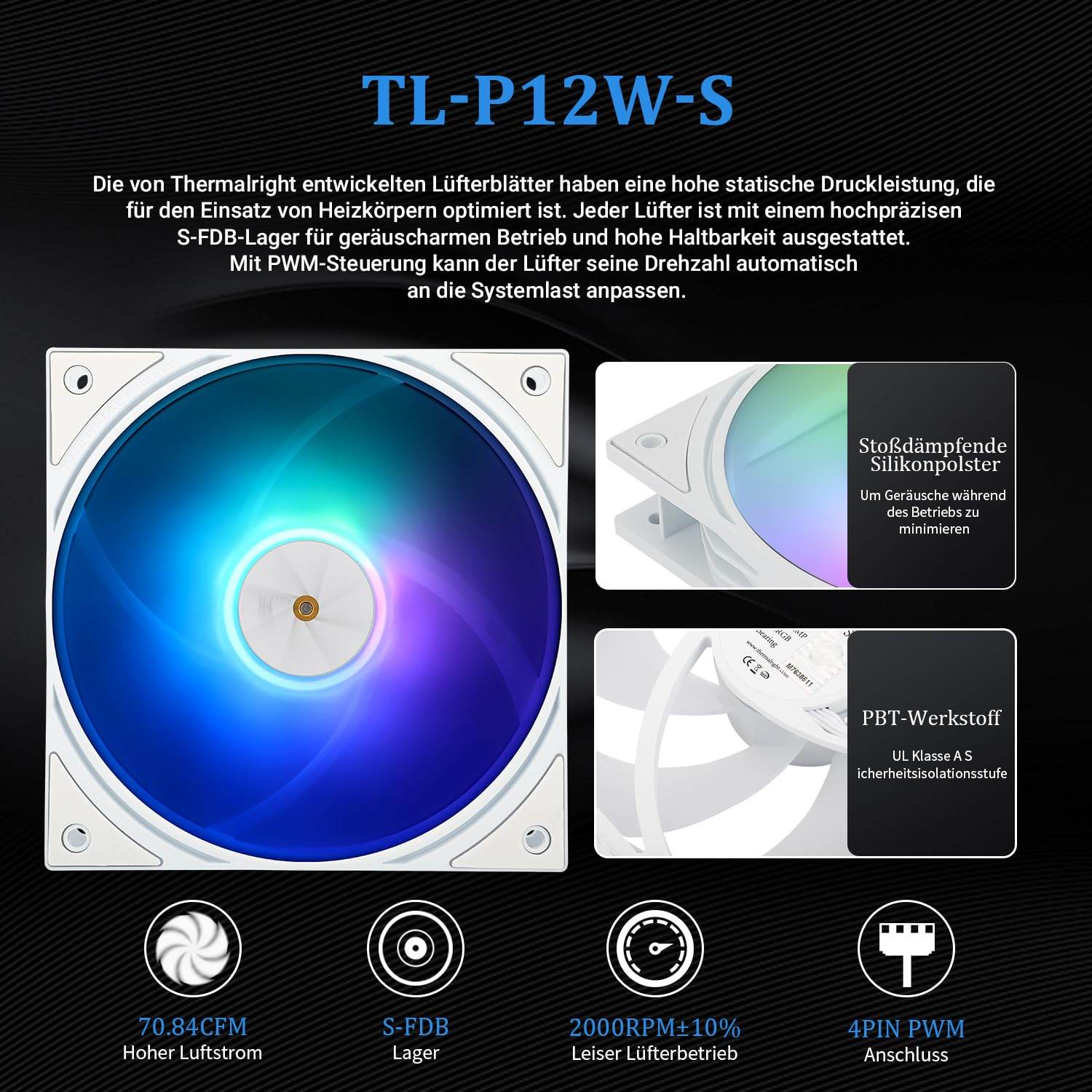 Spécifications et caractéristiques du ventilateur de PC Thermalright TL-P12W-S avec éclairage bleu et connecteur PWM.