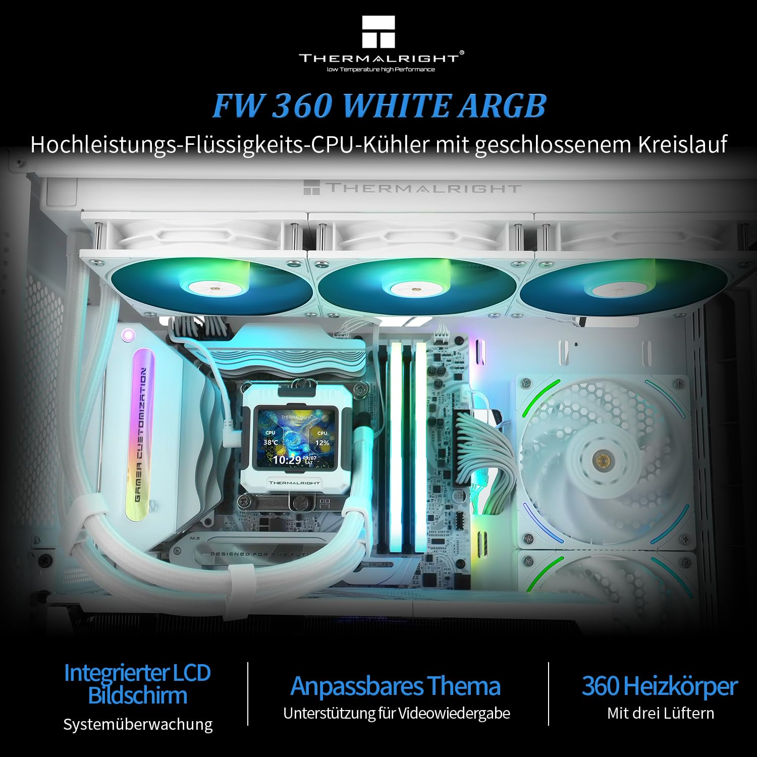 Refroidisseur liquide CPU Thermalright FW 360 ARGB blanc avec écran LCD et trois ventilateurs éclairés dans un PC.