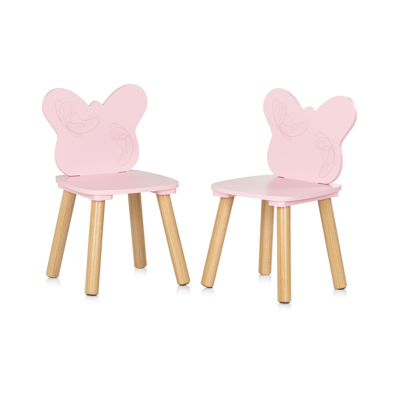 Zwei rosa Kinderstühle mit Schmetterlingslehnen und Holzbeinen vor weißem Hintergrund.