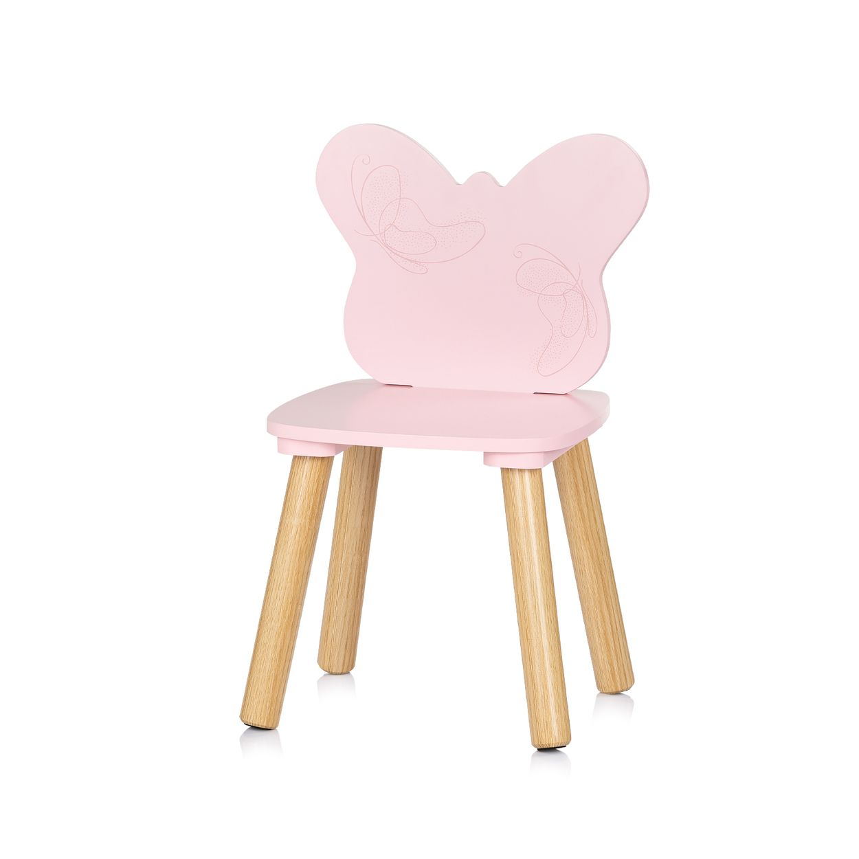 Ein rosafarbener Kinderholzstuhl mit schmetterlingsförmiger Rückenlehne und vier hellen Holzbeinen.