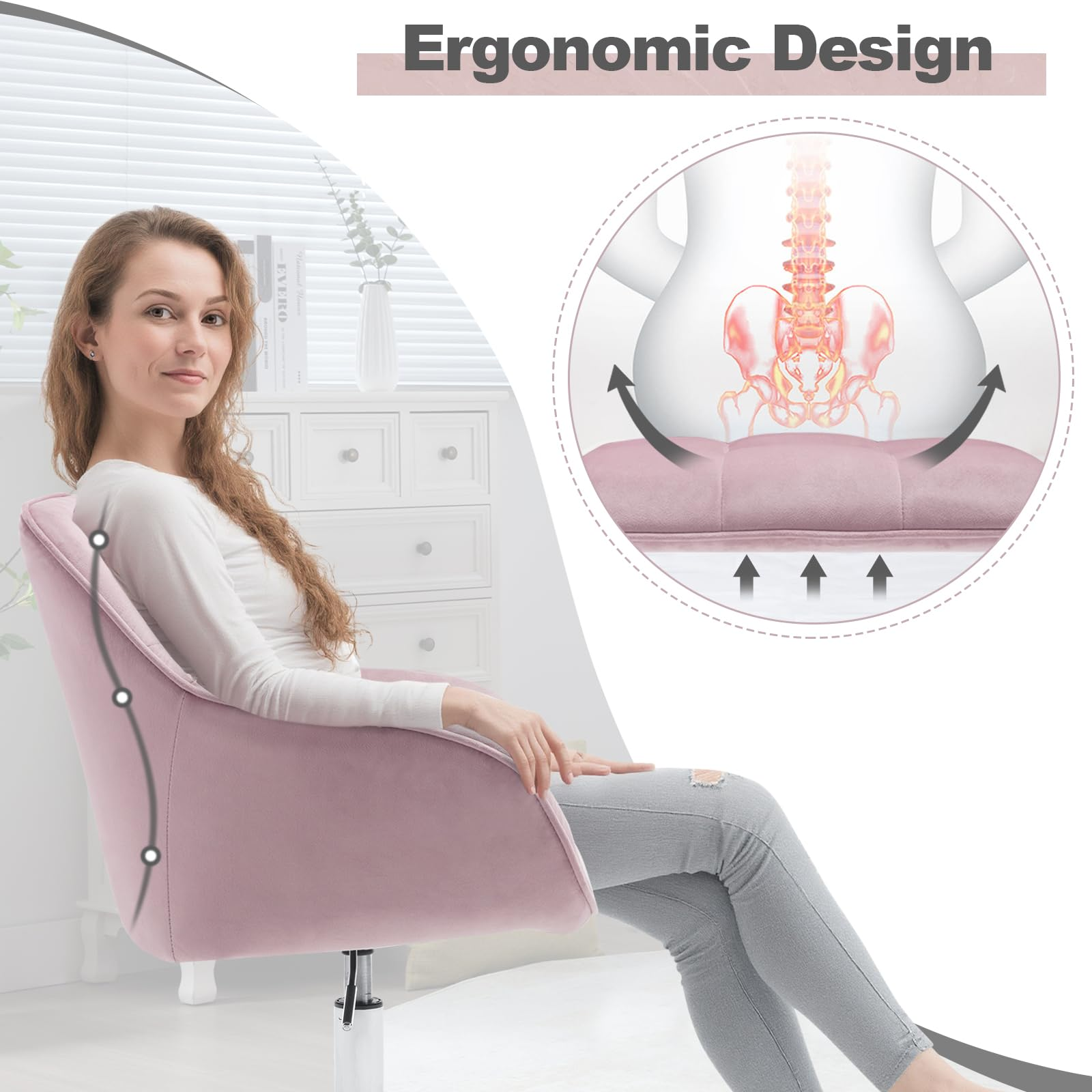 Eine Frau sitzt auf einem ergonomischen rosa Stuhl, während ein Zoom-Bild die Wirbelsäulenunterstützung zeigt.