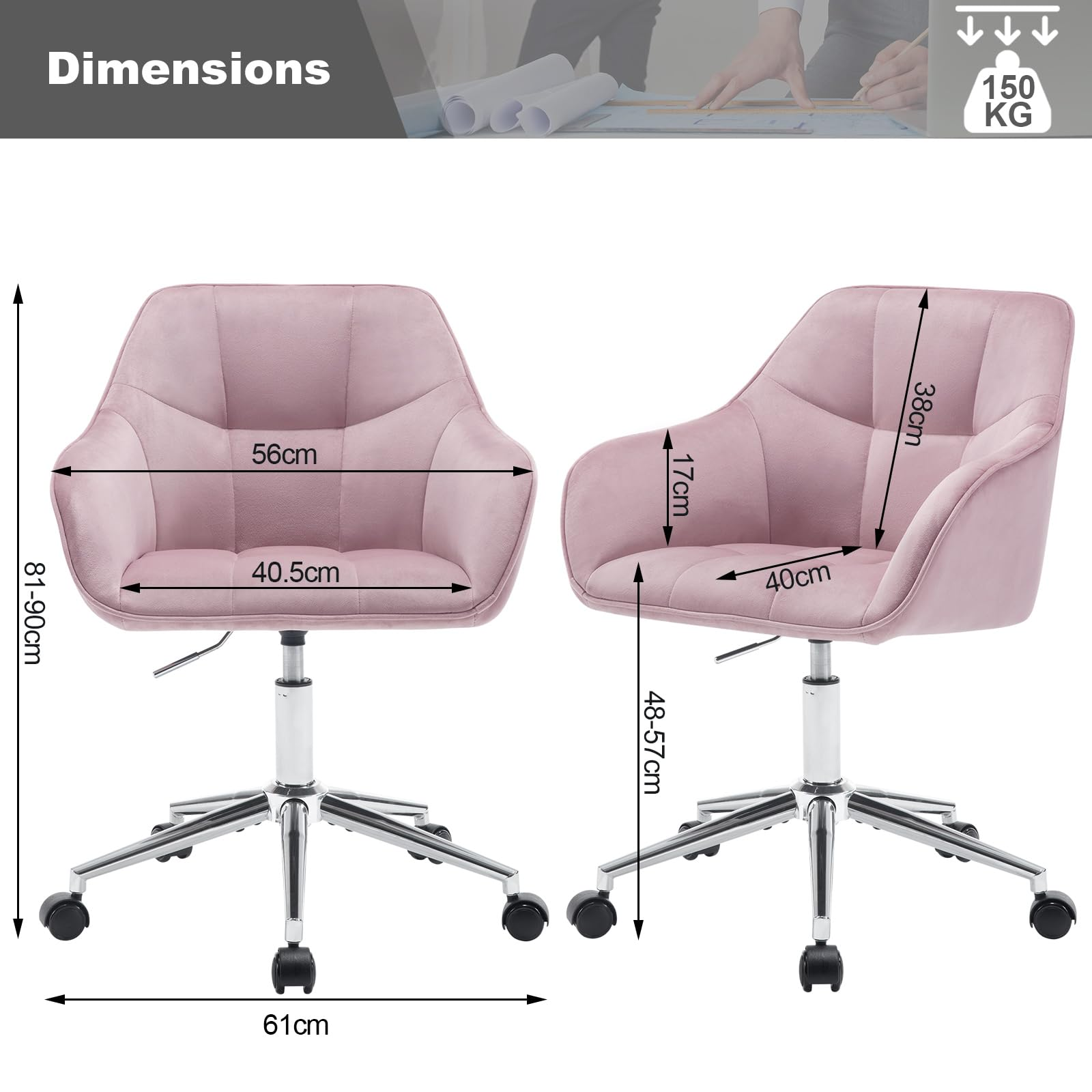 Diagramm zeigt die Maße eines rosa Bürostuhls aus Samt mit silbernem Gestell und Rollen.