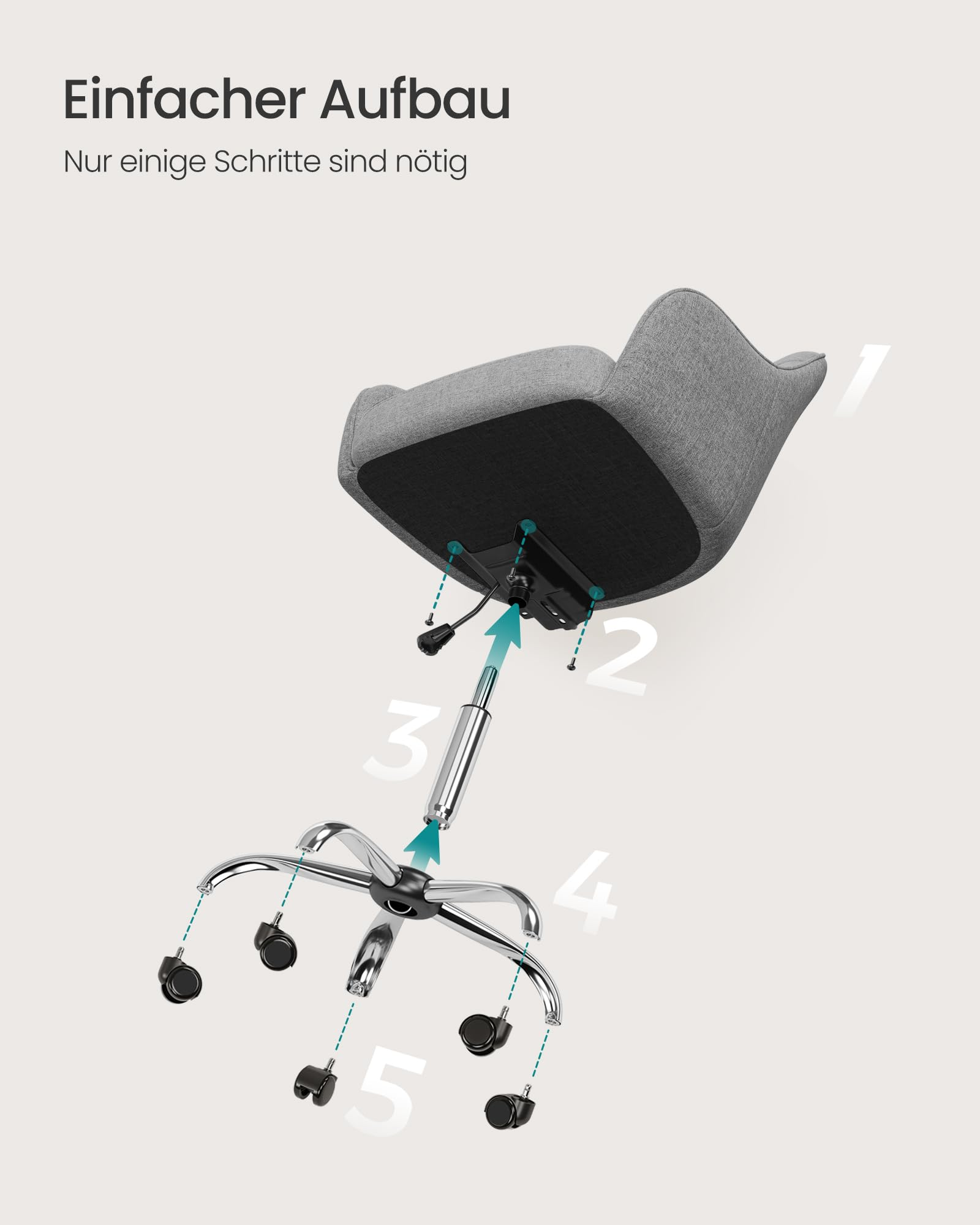 Instructions d'assemblage d'une chaise de bureau grise avec des Ã©tapes numÃ©rotÃ©es de un Ã  cinq.