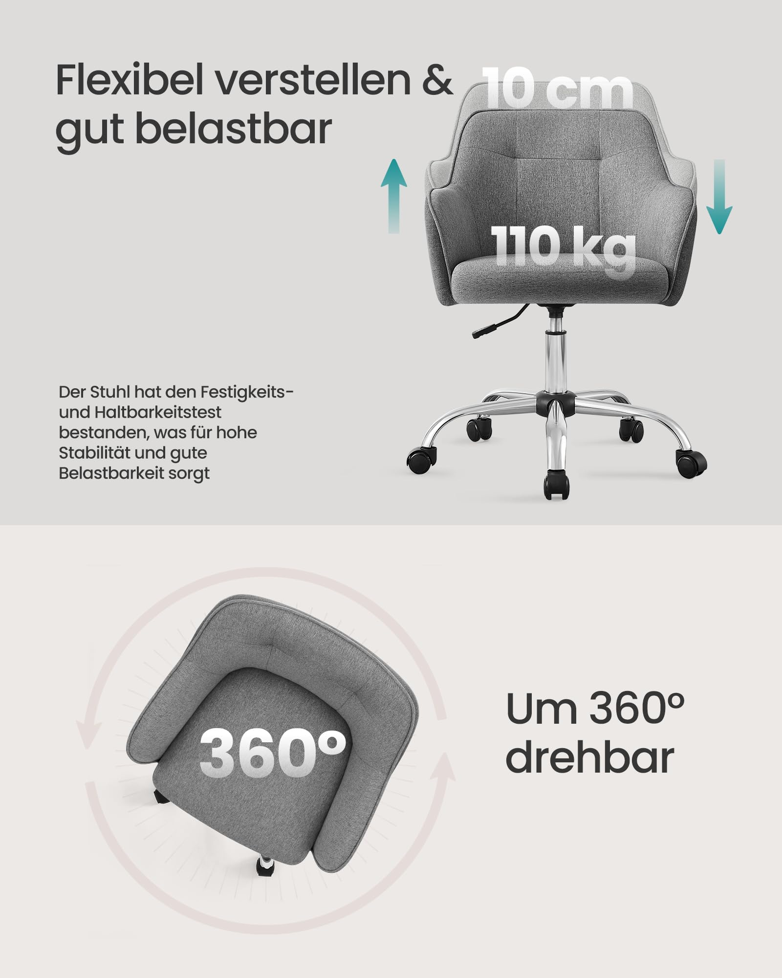 Chaise de bureau grise, hauteur réglable de 10 cm, charge max 110 kg, pivotante à 360 degrés.