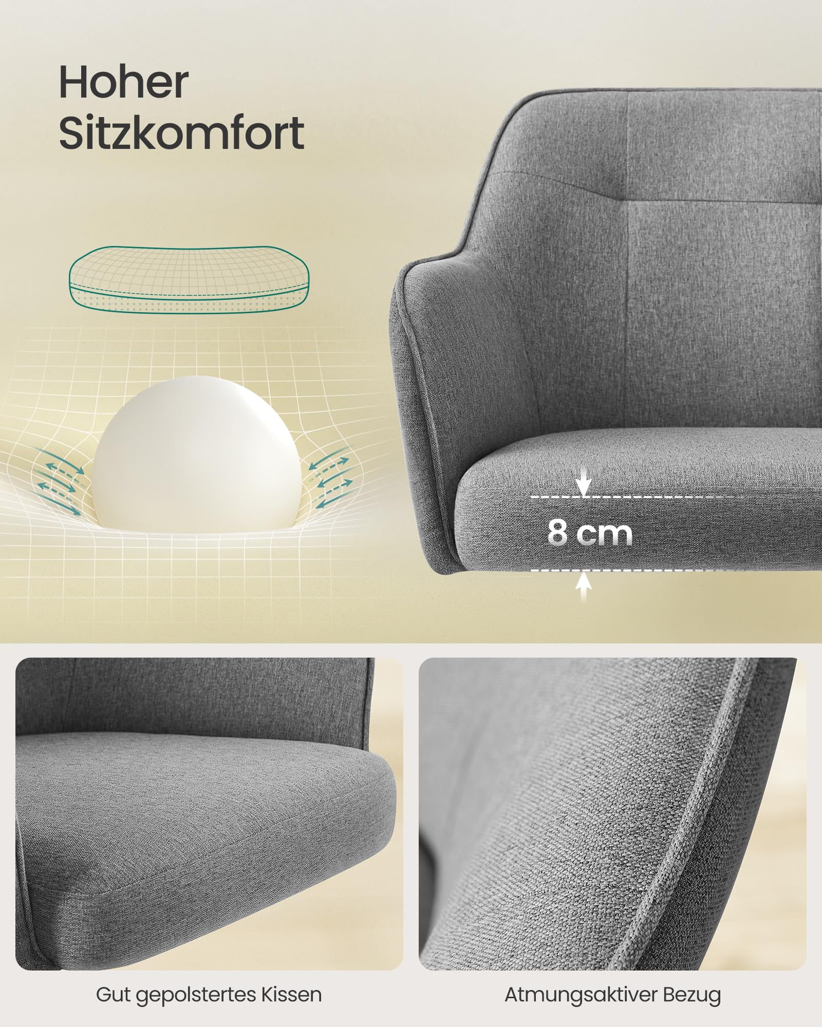 Fauteuil gris avec coussin de 8 cm d'épaisseur et housse respirante.
