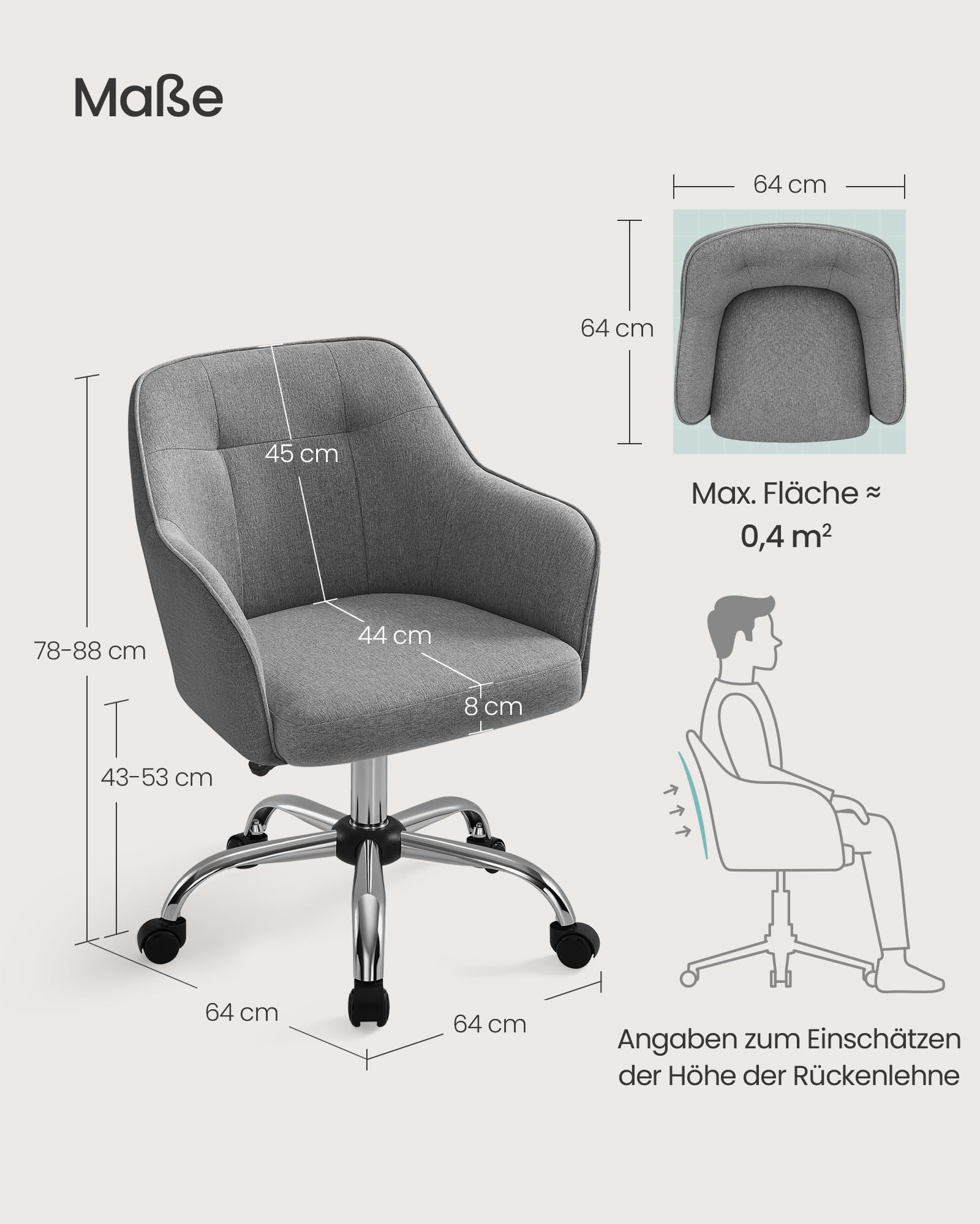 Schéma des dimensions d'une chaise de bureau grise avec mesures de hauteur et personne assise.
