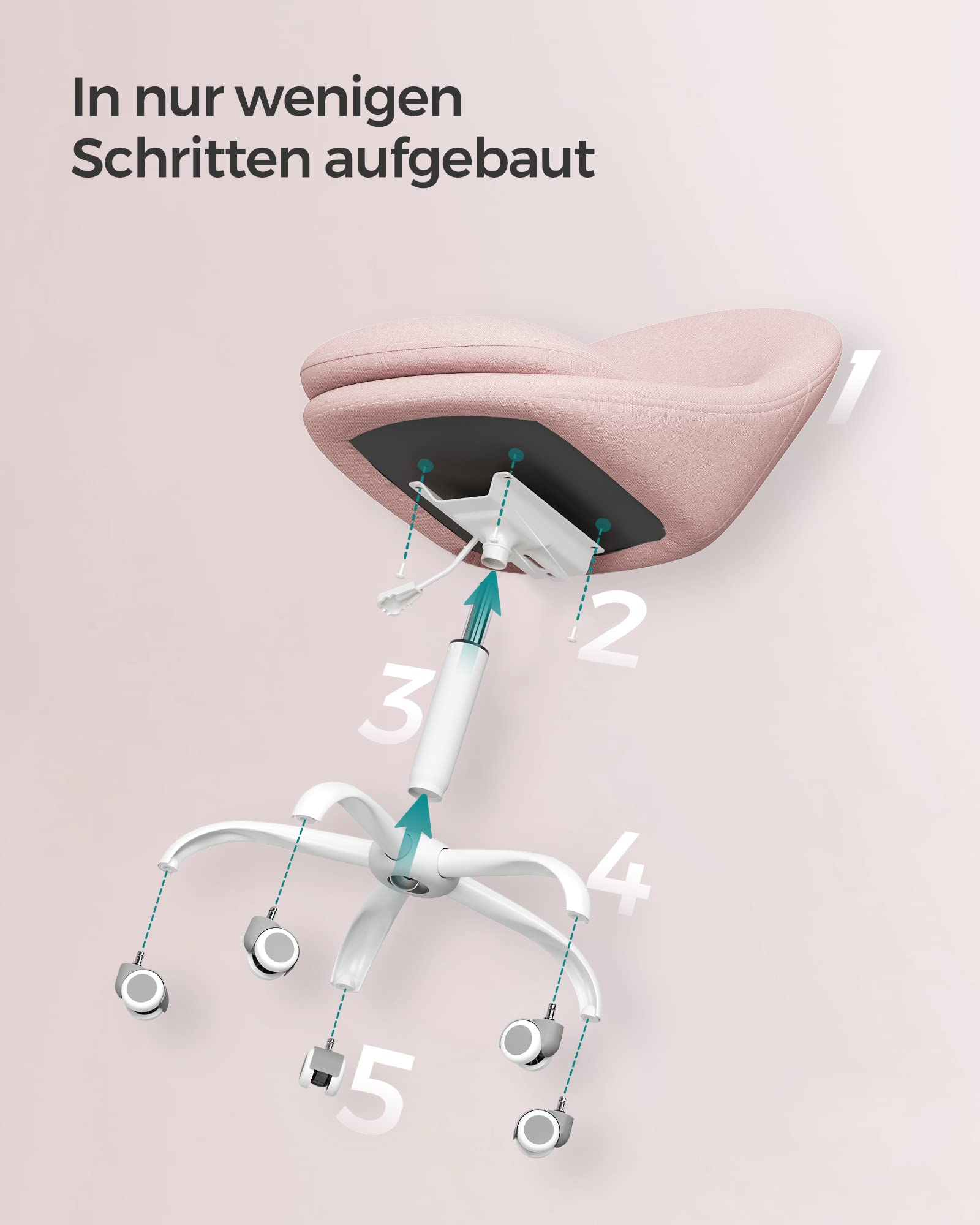 Eine Grafik zeigt die Montageschritte eines rosa Bürostuhls mit nummerierten Teilen.