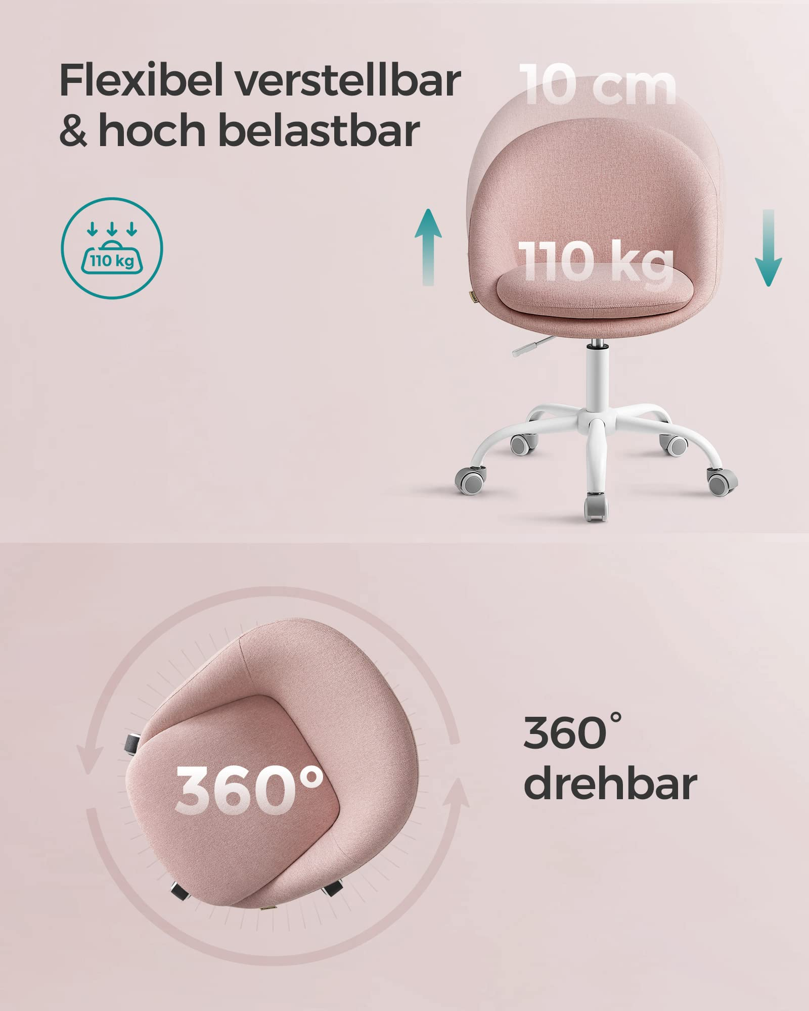 Rosa Schreibtischstuhl mit verstellbarer Höhe, 110 kg Belastbarkeit und 360-Grad-Drehfunktion auf pinkem Hintergrund.