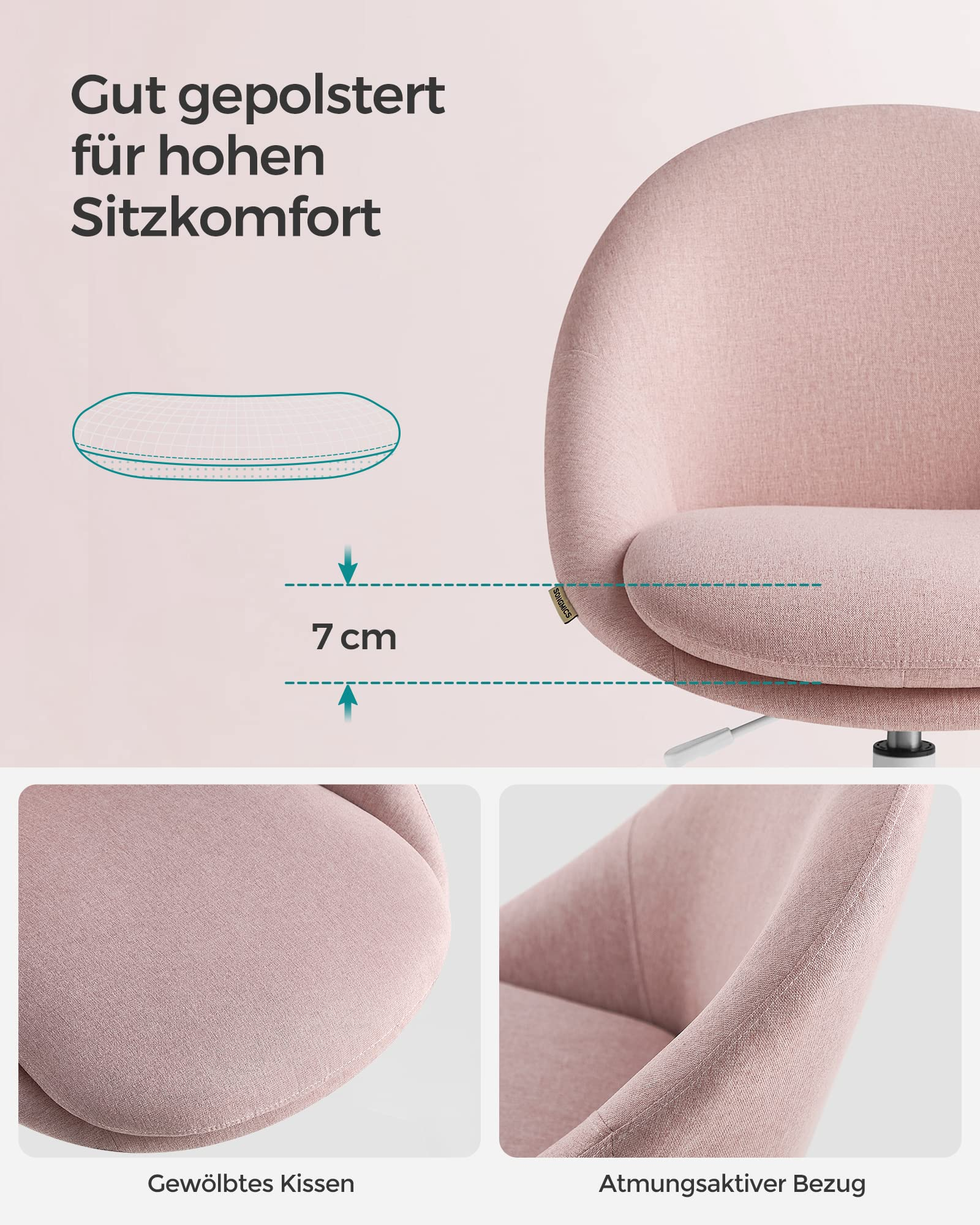 Rosa Stuhl mit 7 cm Kissenstärke, gewölbtem Sitz und atmungsaktivem Stoff.