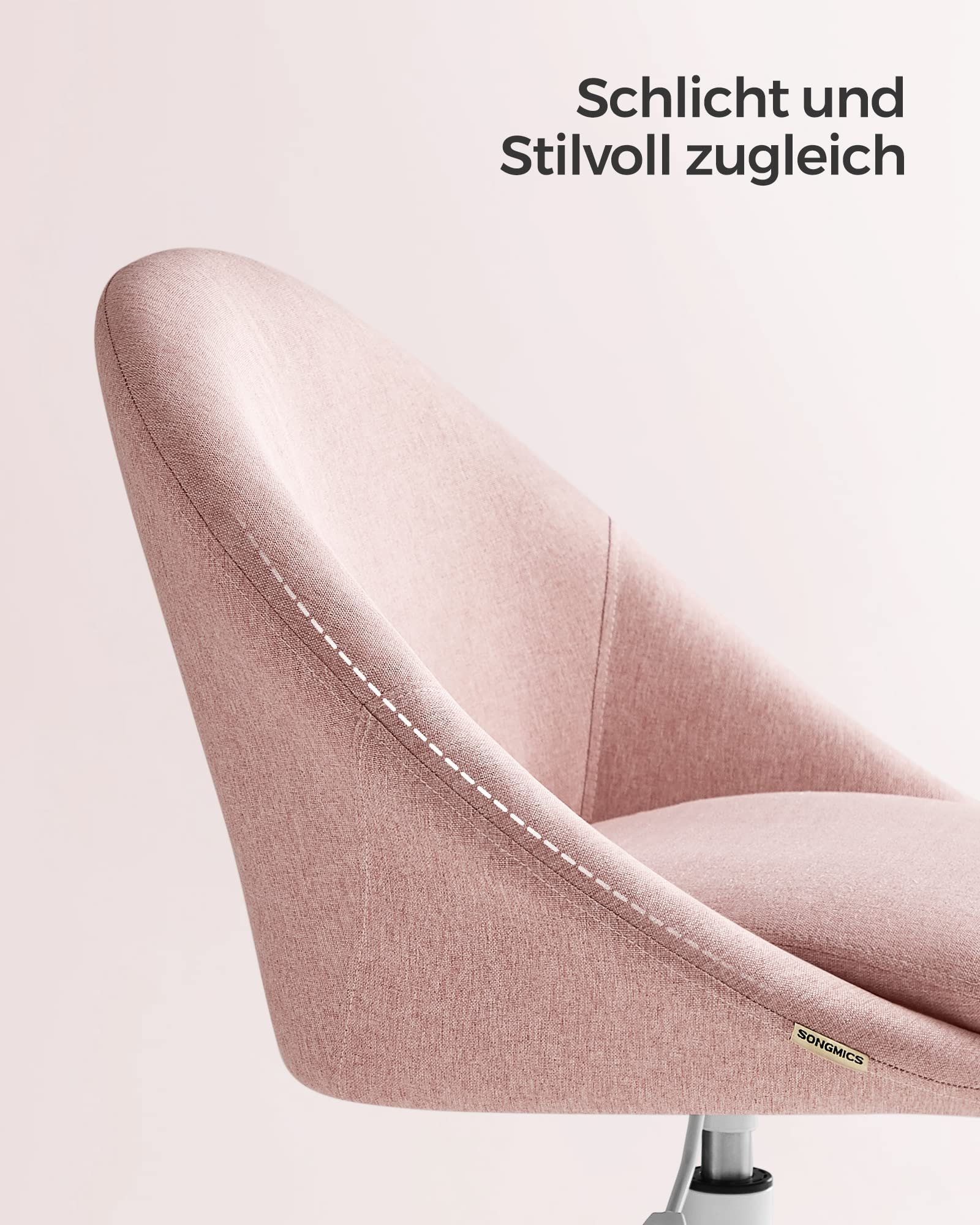 Nahaufnahme eines rosa gepolsterten Sessels mit weißen Nähten und deutschem Text oben.
