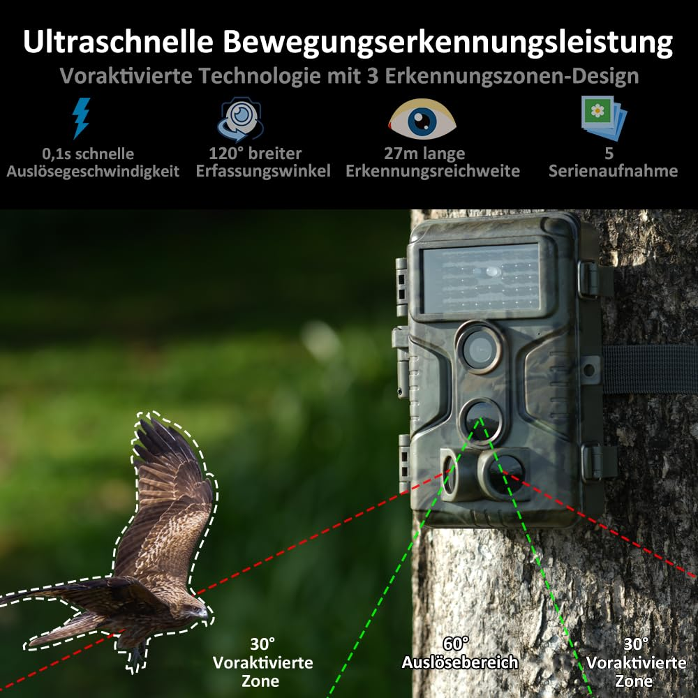 Wildkamera an Baum mit Bewegungserkennung, zeigt Sensorzonen und fliegenden Vogel.