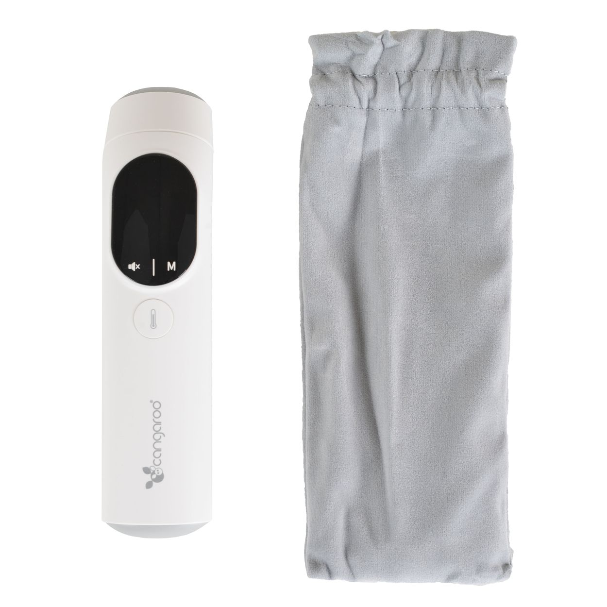 Weißes digitales Infrarot-Fieberthermometer mit Display, Knöpfen und grauem Stoffbeutel.