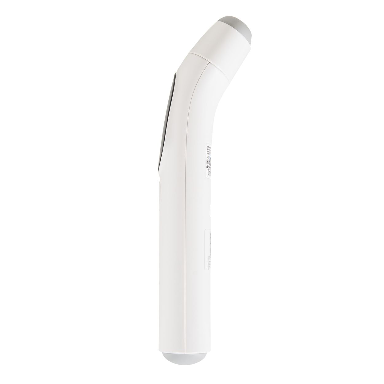 Ein weißes digitales Infrarot-Ohrthermometer mit grauem Kopf und Griff auf weißem Hintergrund.