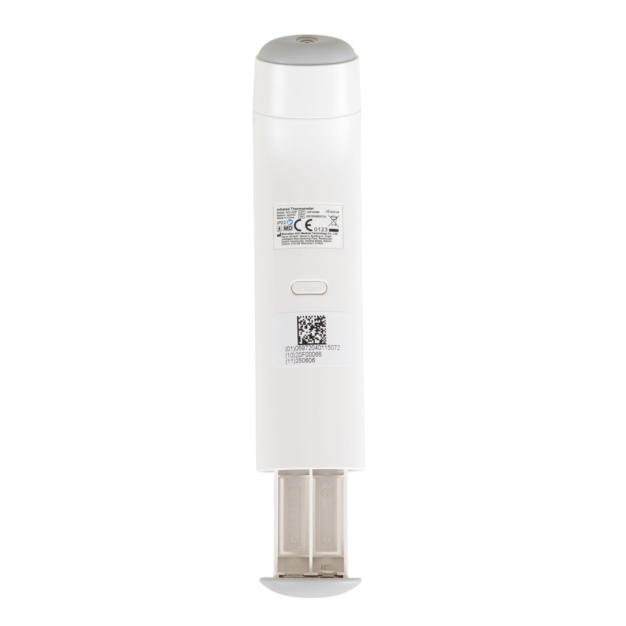 Weißes Infrarotthermometer mit geöffnetem Batteriefach am unteren Ende und Produktschild.