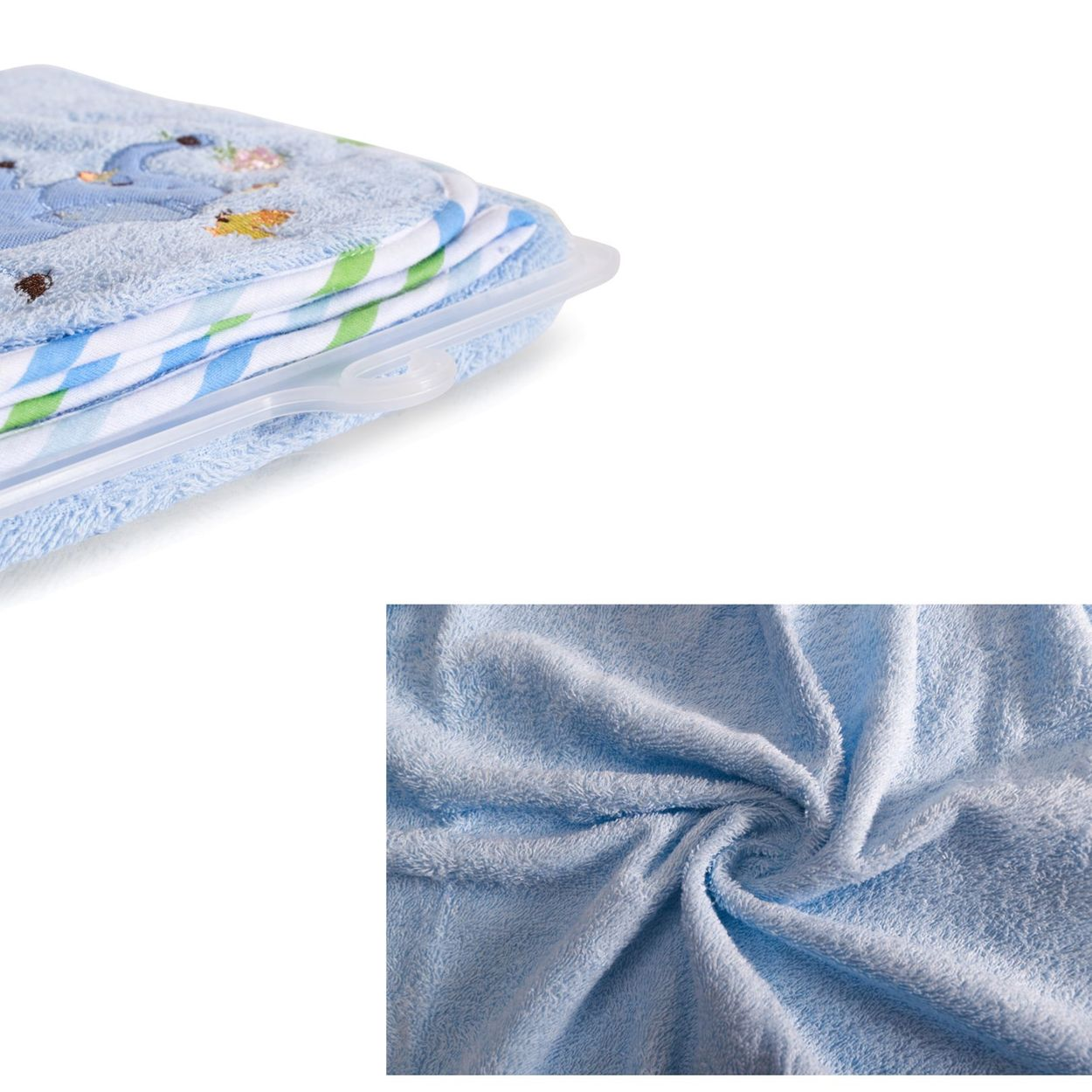 Zusammengelegte blaue Handtücher mit Tiermotiven im Etui sowie eine Großaufnahme des weichen Stoffs.