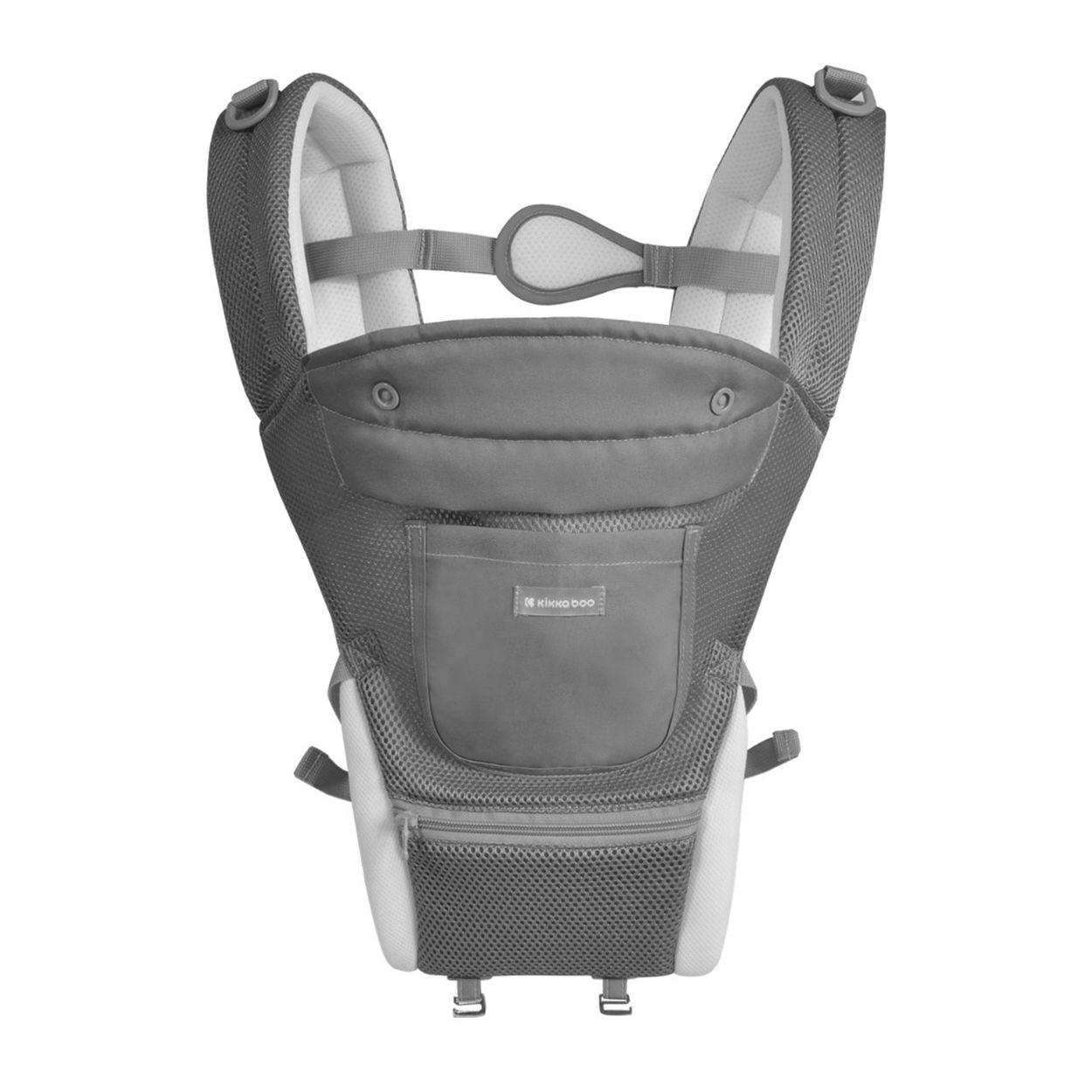 Graue Babytrage mit verstellbaren Gurten und Mesh-Einsätzen.
