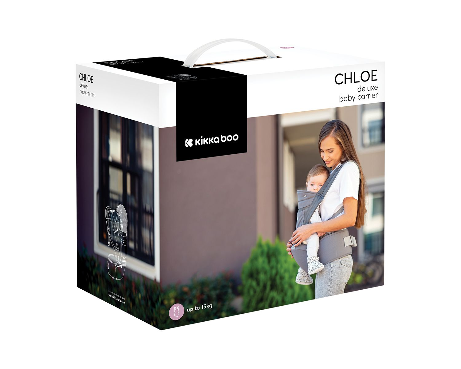 Verpackung der KikkaBoo Chloe Deluxe Babytrage mit Foto einer Mutter, die ein Baby trägt.
