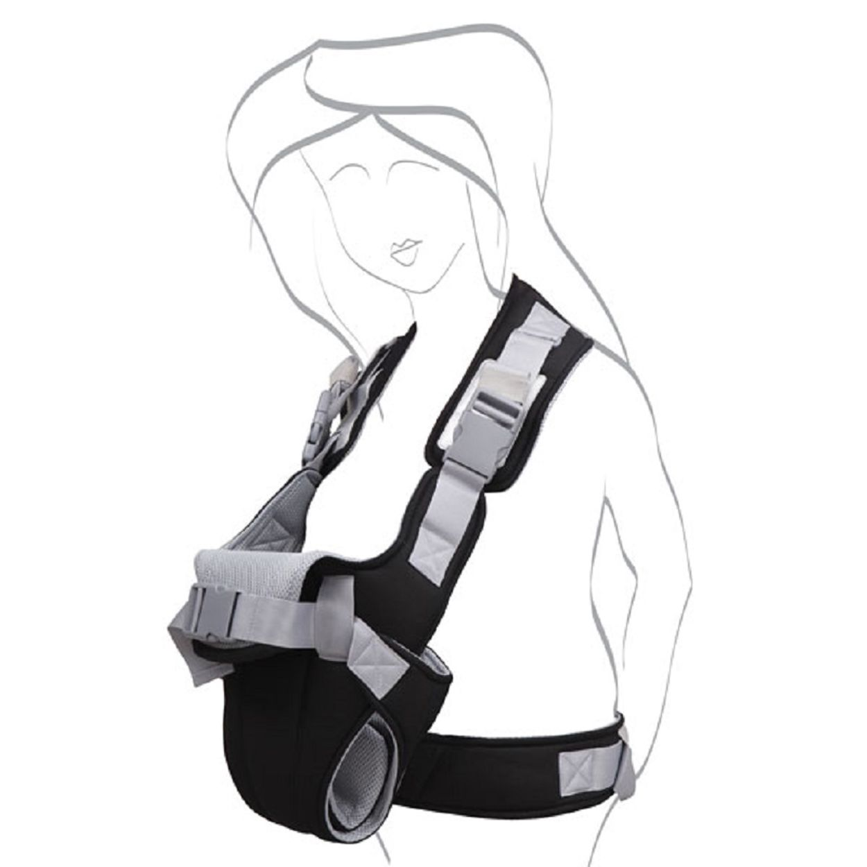 Umrisszeichnung einer Person mit einer schwarz-grauen Babytrage mit verstellbaren Trägern und Schnallen.