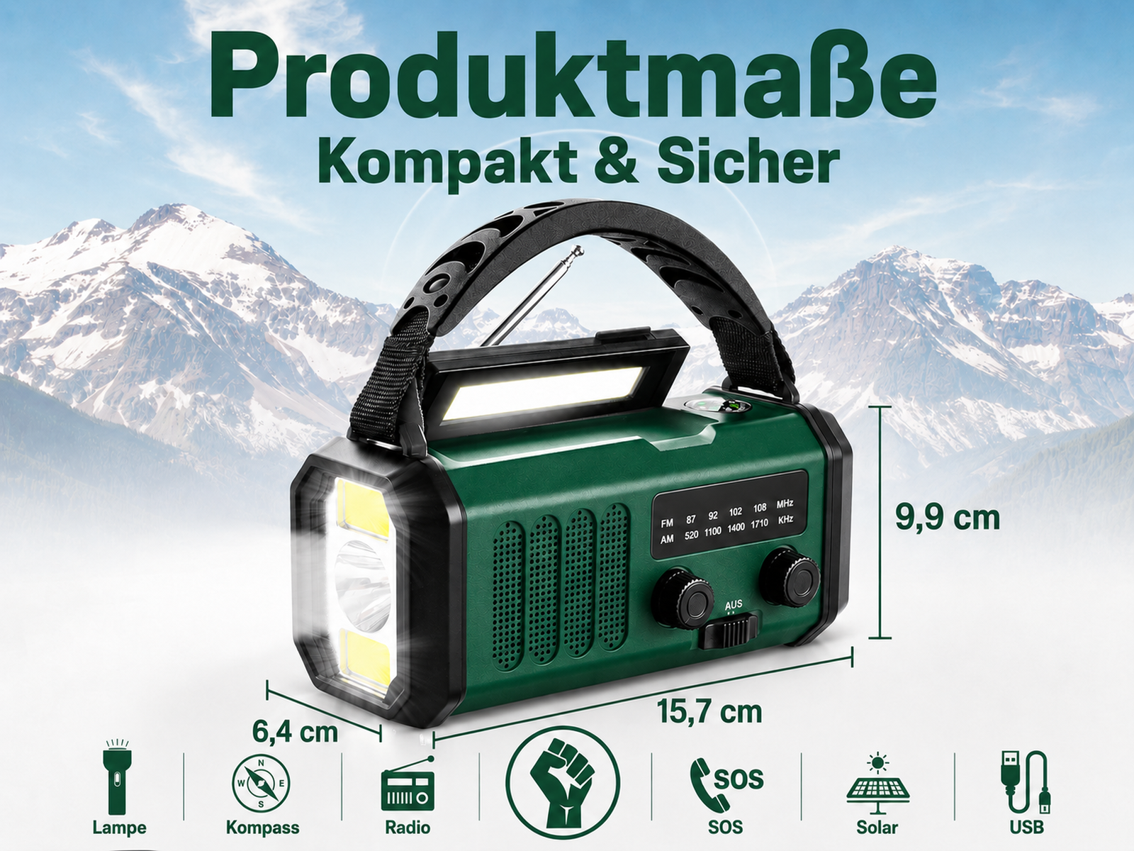 Grünes Notfallradio mit Lampe vor einer Bergkulisse mit Größenangaben.