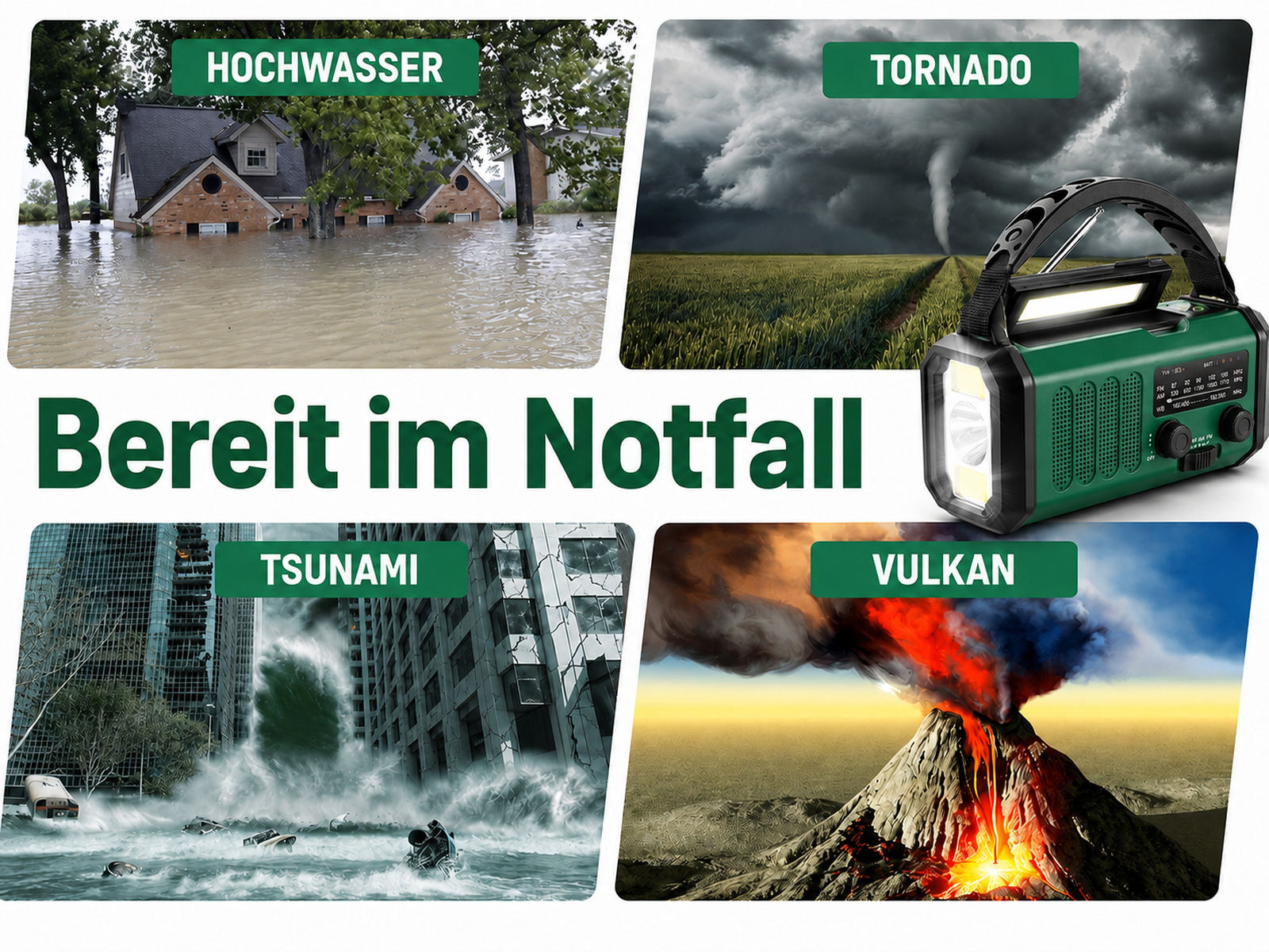 Grünes Notfallradio mit Lampe vor Bildern von Hochwasser, Tornado, Tsunami und Vulkan.