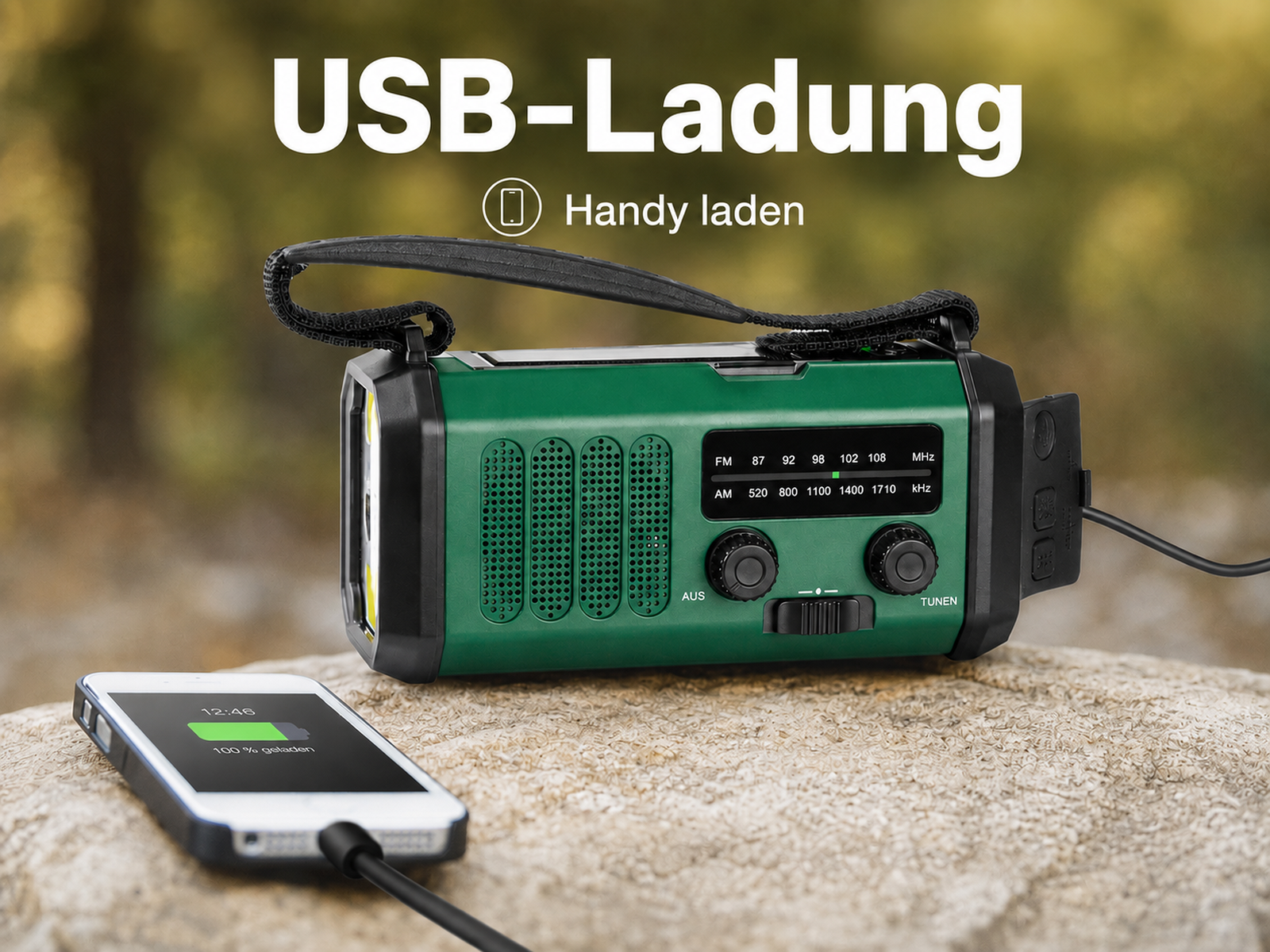Grünes Notfallradio auf Stein lädt ein Smartphone über USB.