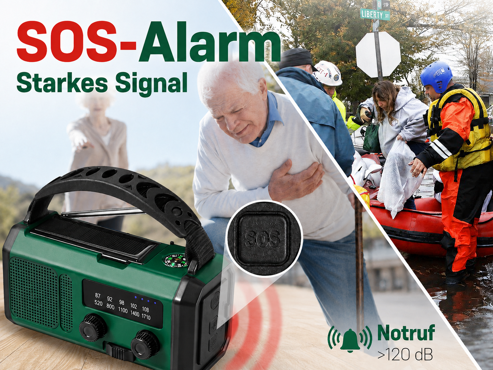 Grünes SOS-Notfallradio mit integriertem Solarpanel und starkem Signal für Notfälle.