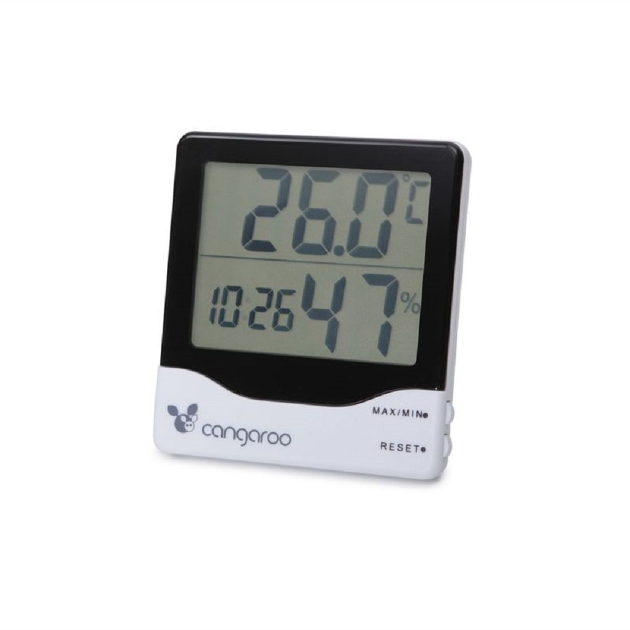Ein schwarz-weißes Cangaroo Digital-Thermo-Hygrometer zeigt Temperatur und Luftfeuchtigkeit auf einem LCD-Bildschirm.