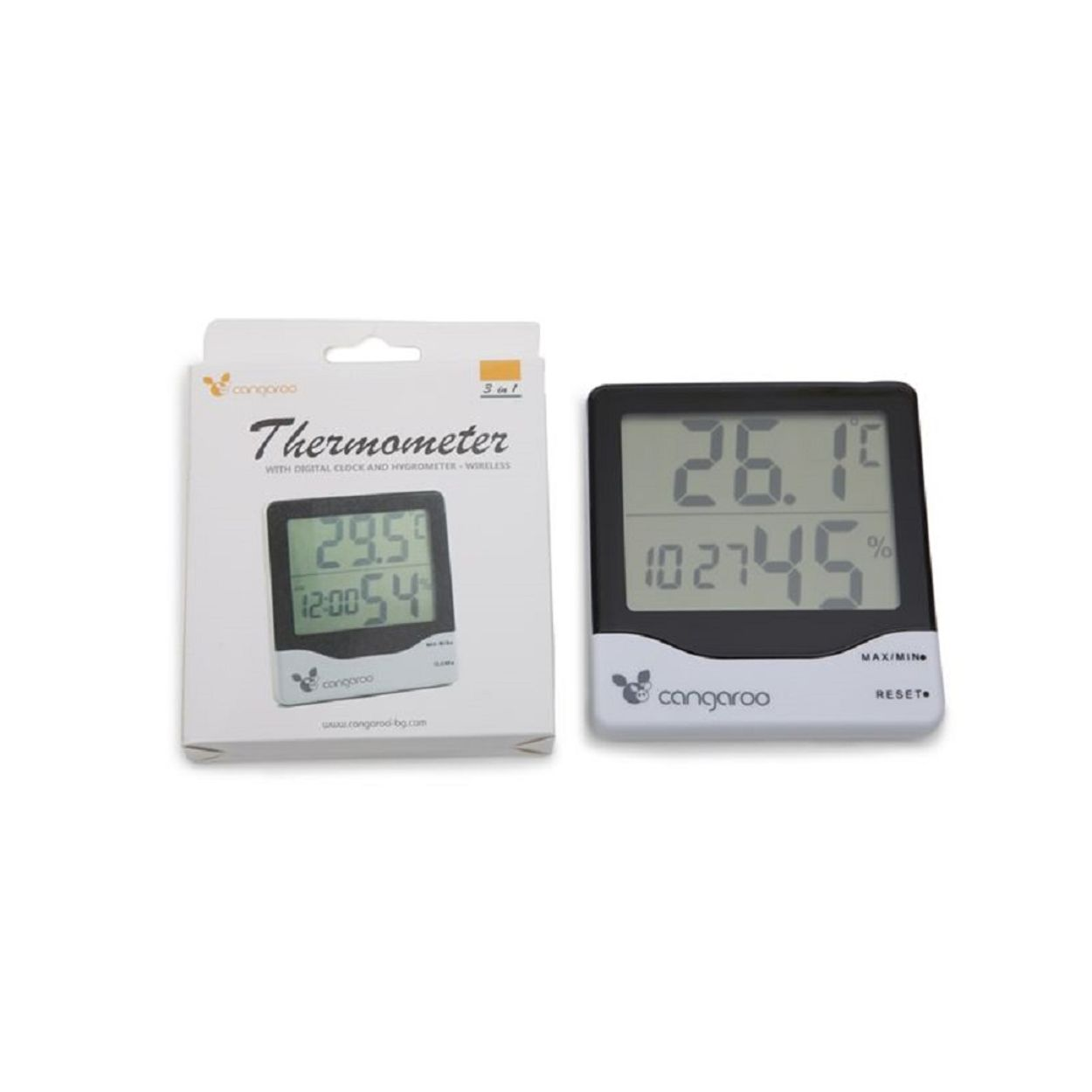 Ein digitaler Thermometer und Hygrometer von Cangaroo mit Verpackung auf weißem Hintergrund.