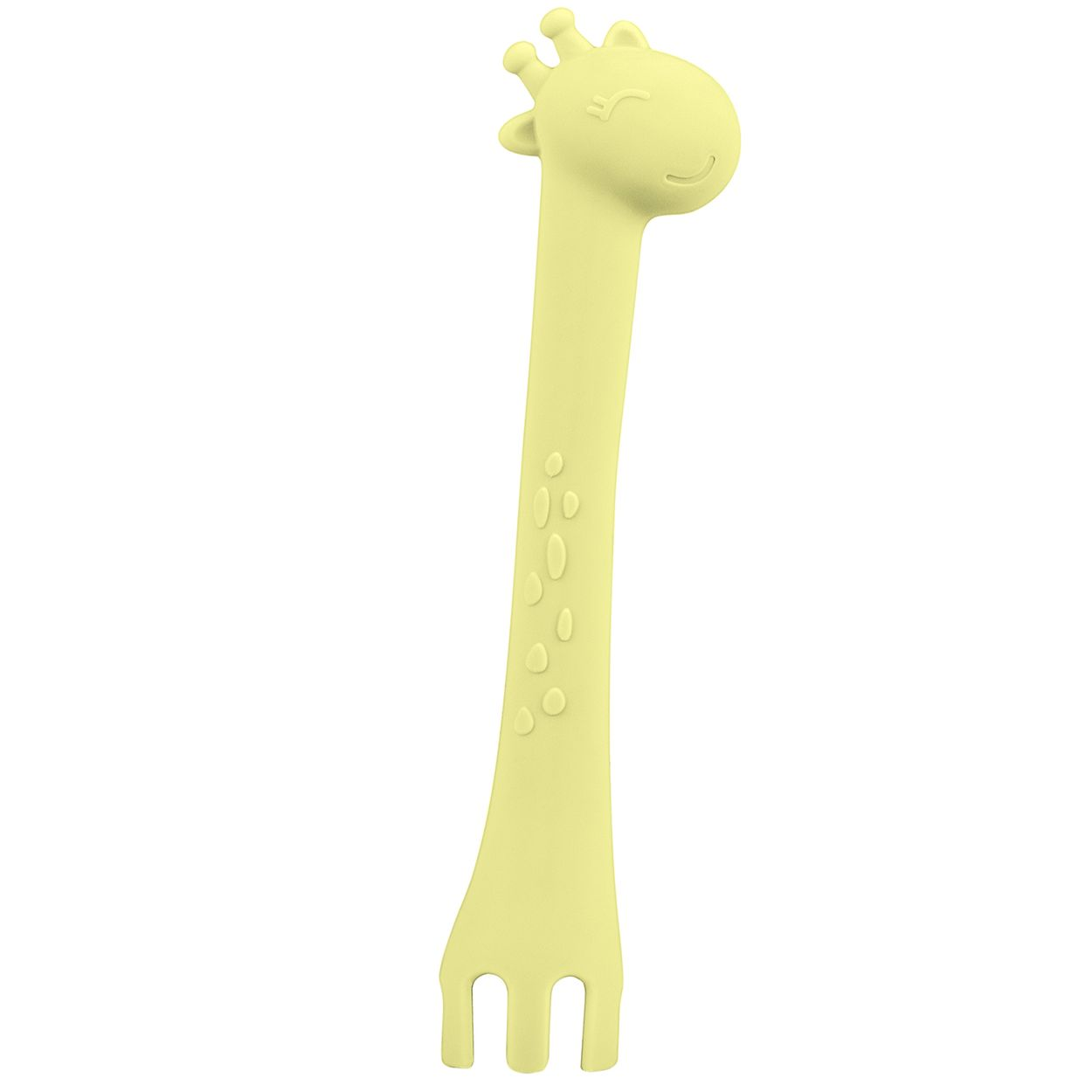 Ein gelber Kinderlöffel in Form einer Giraffe auf weißem Hintergrund.
