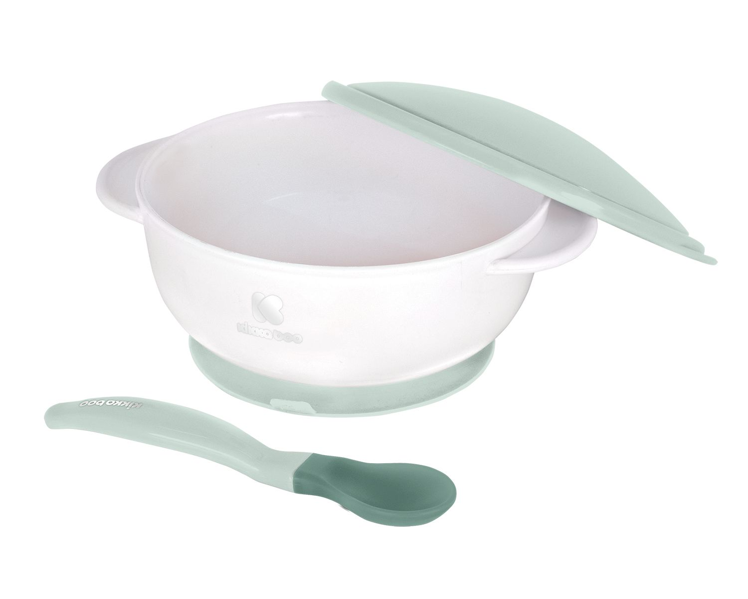 Eine weiße Babyschüssel mit grünem Saugnapfboden, einem halboffenen grünen Deckel und einem passenden grünen Löffel.